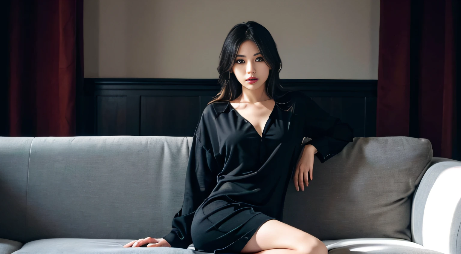 1girll,Sit on a comfortable sofa,Cross ed leg,Soft light,Black silk big breasts