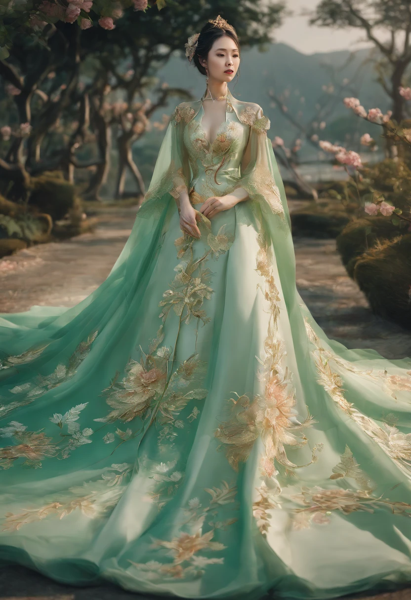 Chinese fairy in light green wedding dress, Light green tulle cape, Golden Phoenix, the nine tailed fox spirit, The nine tails spread out behind like a circle of smoke in the air, peach blossom, Clouds, High quality, symetrical composition, high resolution # Intricate details # unreal (Relaxed) 8K,HD 8K