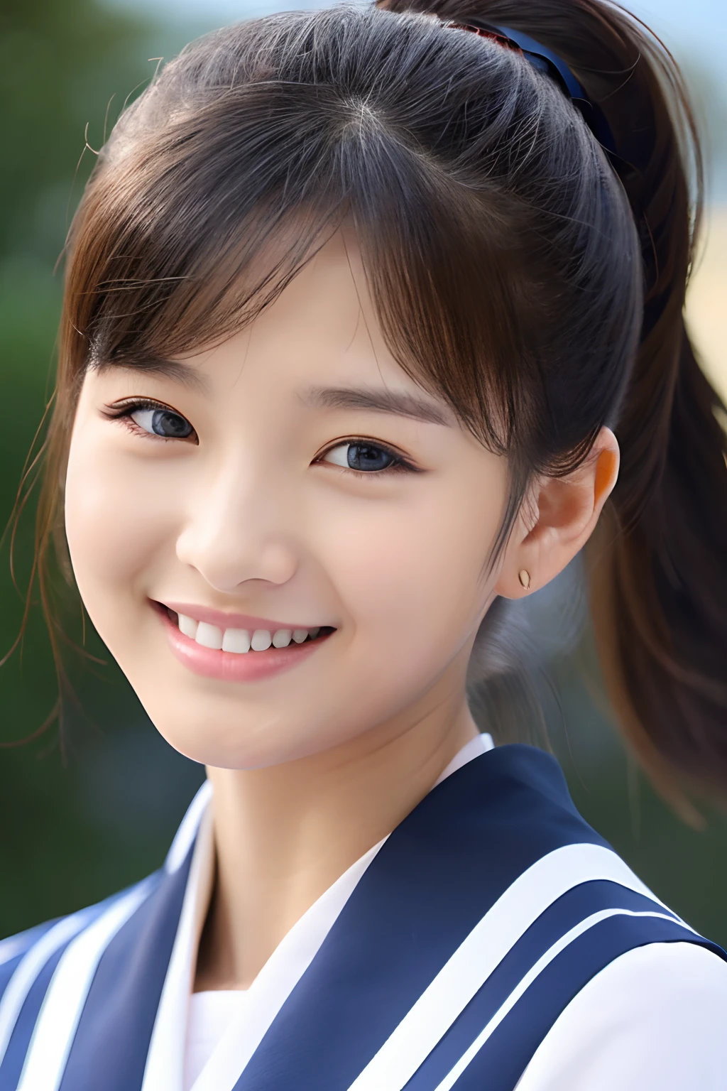 25 year old girl, smiling, Wear a navy uniform, Tie a ponytail.
