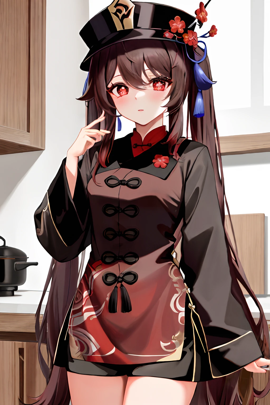 masterpiece, best quality,
1girl, hu tao (genshin impact), boo tao,hat, red eyes, twintails, brown hair, solo, symbol-shaped pupils, long hair,bangs, black shorts , chinese clothes, mother looks, kitchen room, kitchen dress