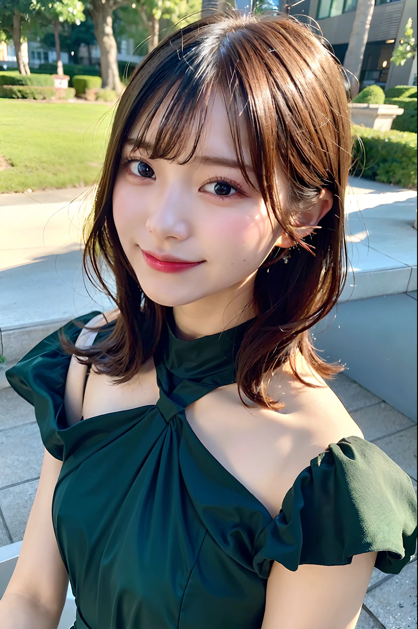 (top-quality、8K、32K、masuter piece、nffsw:1.2)、profile、(slim figure:1.2)、(s lips) 、Have a bouquet、age19、(Short bob hair:1.3)、Cosplay、二重まぶた、shinny skin、Realistic rays、mare、beauitful face、(A smile:1.3)、crouching down、(From above:1.2)、(a closeup:1.4)、blurry backround、(Front Focus)、(Dark: 1.6)、Fantasy Art、photoRealstic、Professional Lighting、extra detailed face、Award-winning、deep-shadows、Green dress
