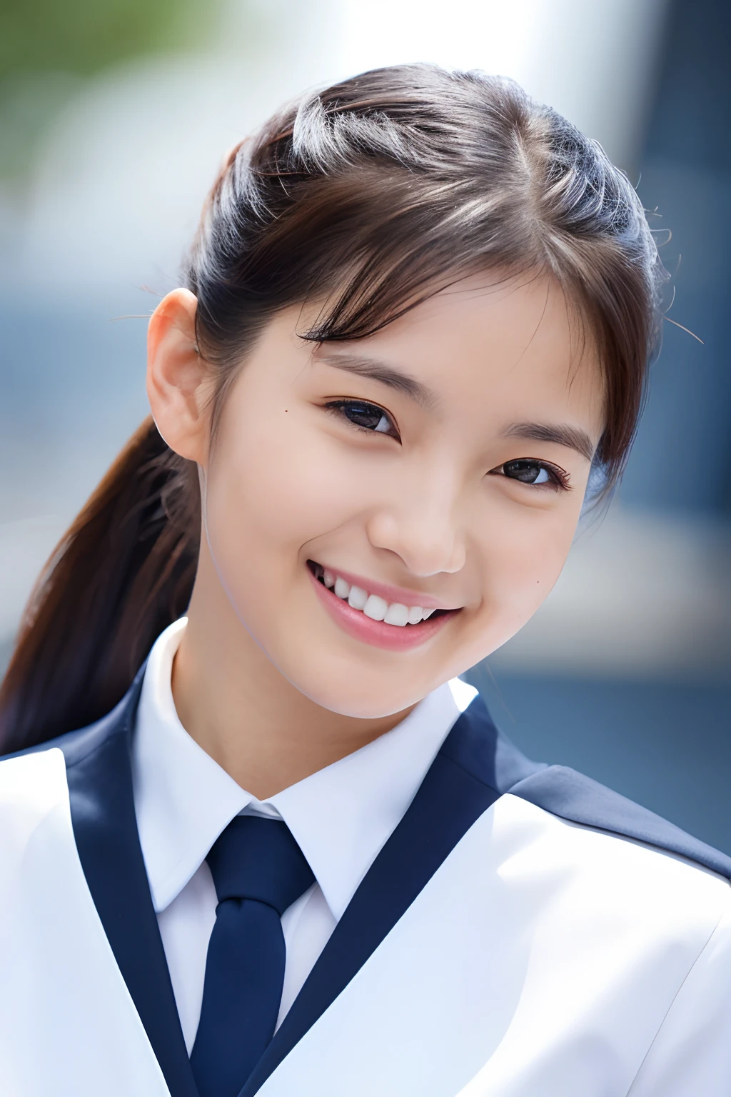 25 year old girl, smiling, Wear a navy uniform, Tie a ponytail.
