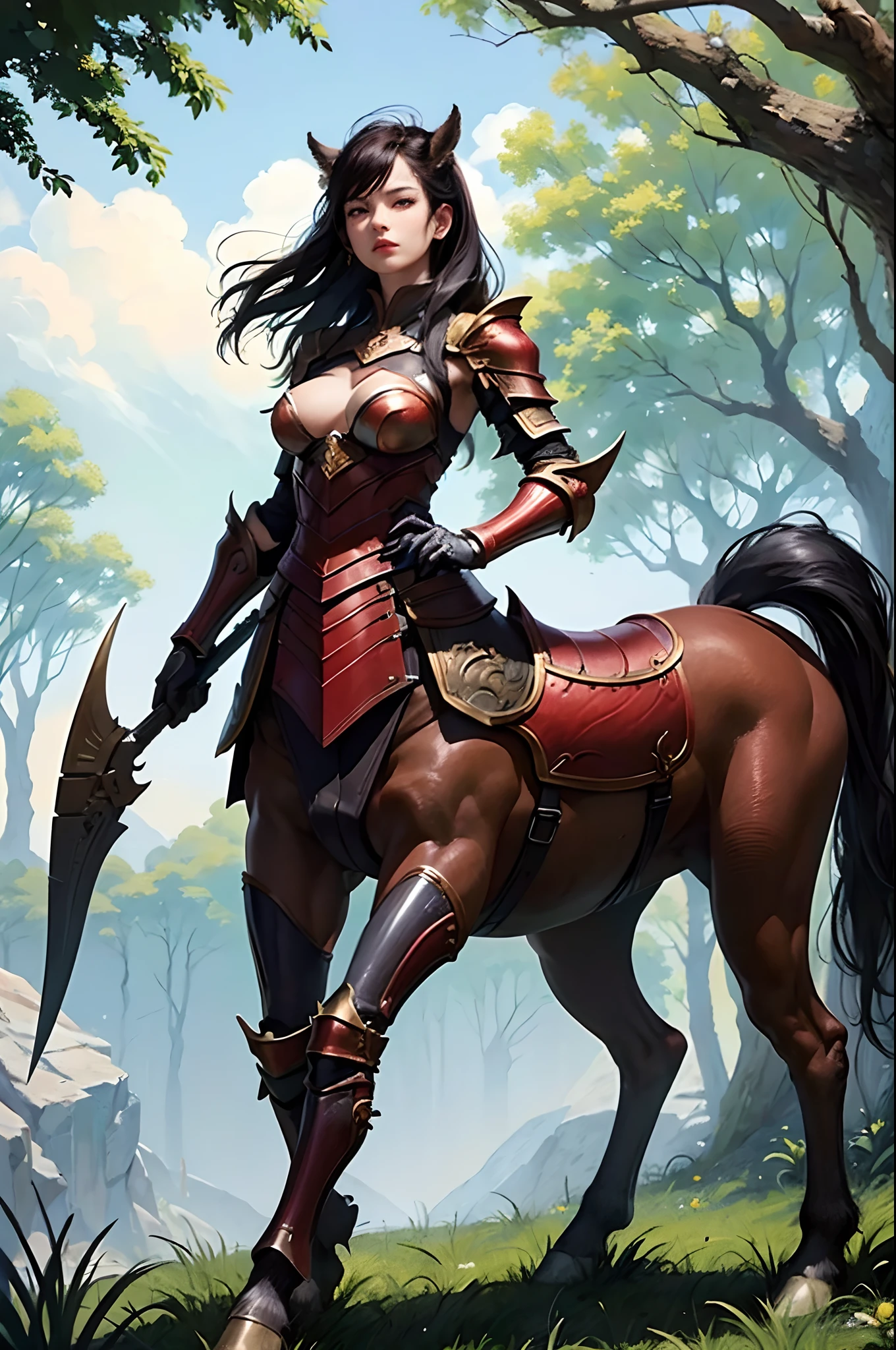 (masterpiece), (best quality), 8k resolution, 1girl, Asian girl, stunning beauty, perfect face, mature female, 20yo, sexy, centaur, taur, armor, in the forest