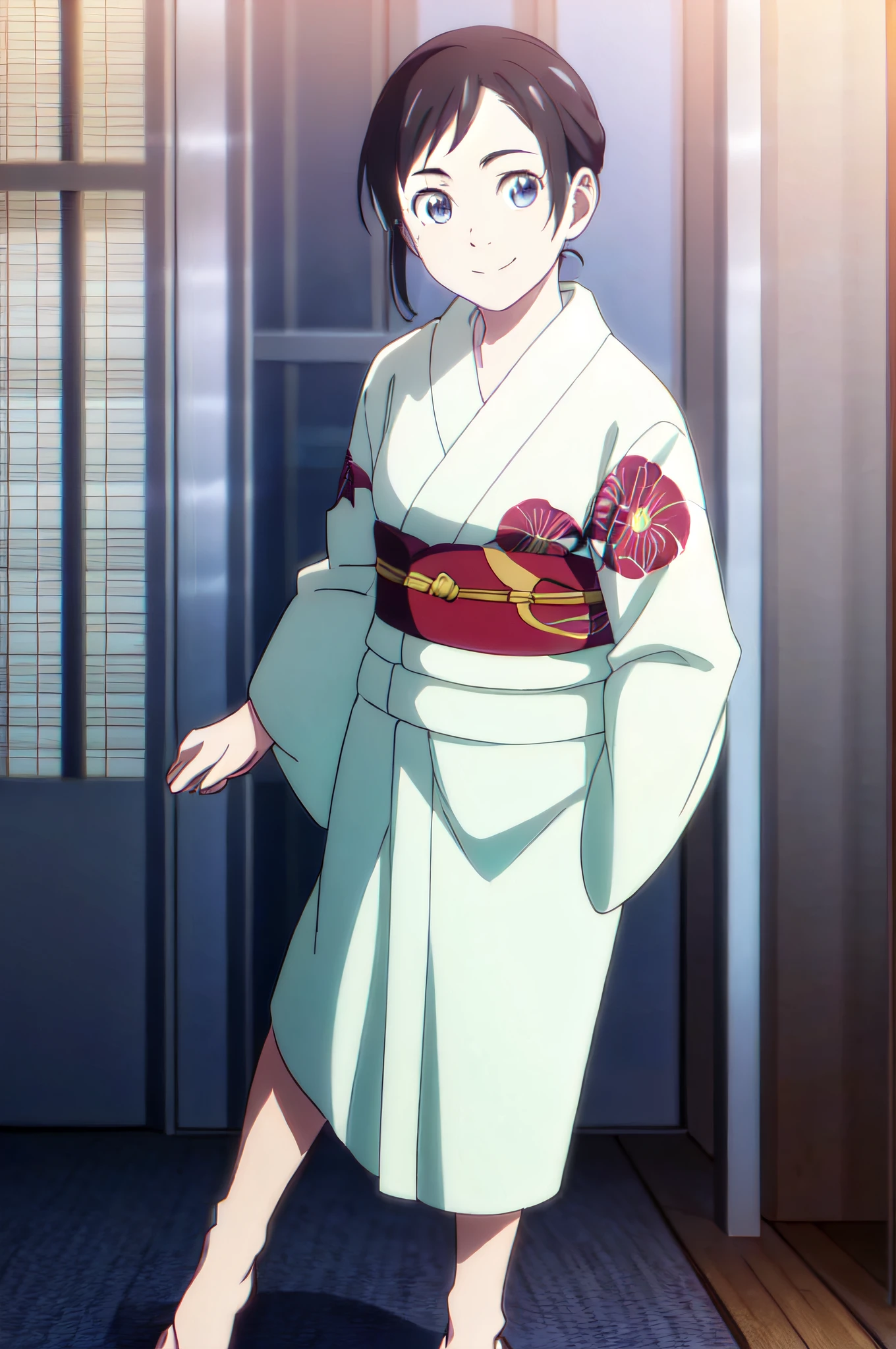 IsakiMagari,1girl, yukata,kimono, solo, facing viewer, looking at viewer, smile.