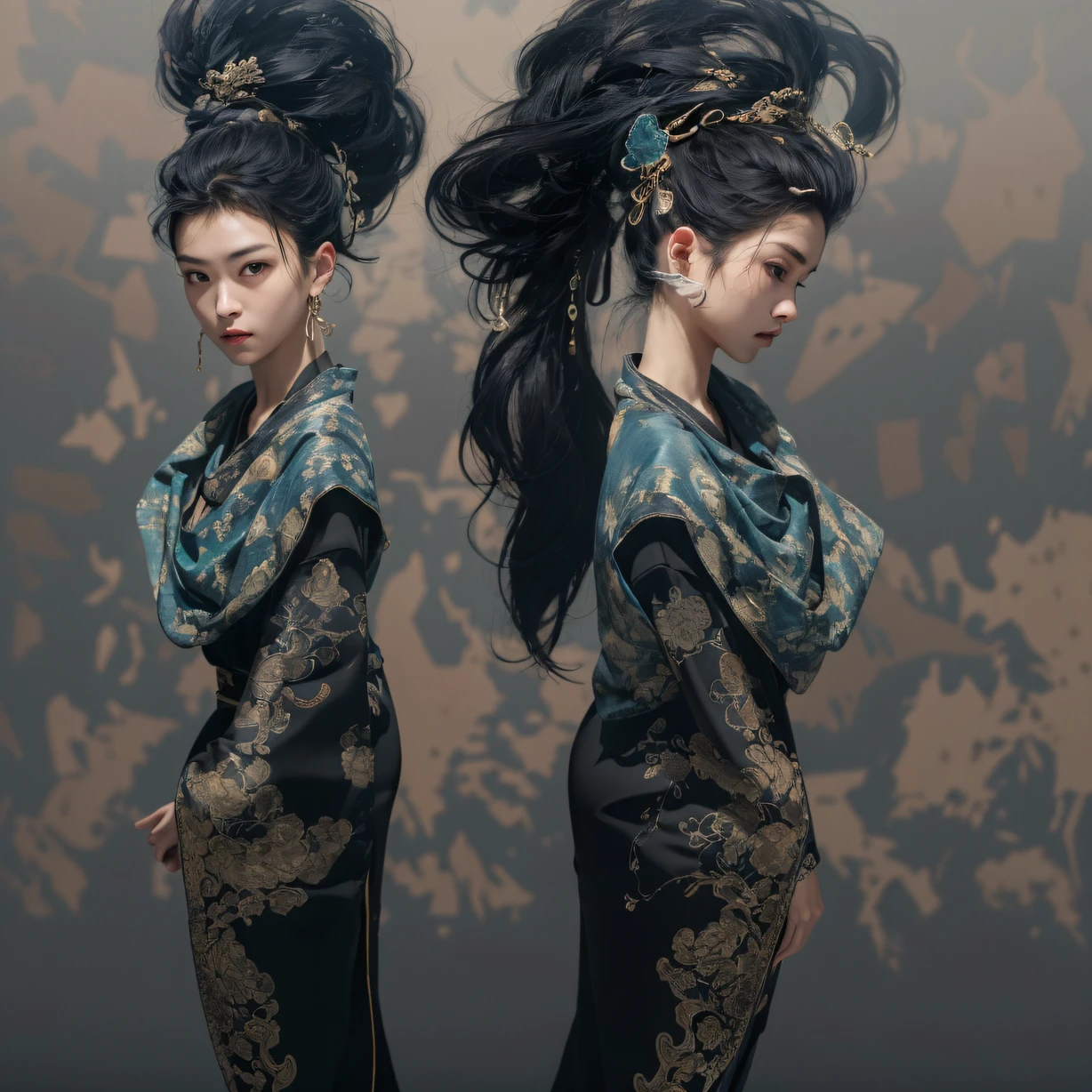 Side 32K,exteriors,Roof,People are small(tmasterpiece,k hd,hyper HD,32K)Long flowing glossy black hair,Tang dynasty complex,zydink, a color,Morning(canyons), (Linen batik scarf), Combat posture, looking at the ground, Linen bandana, Chinese python pattern long-sleeved garment, Morning(Abstract gouache splash:1.2), Dark clouds lightning background,sprinkling(realisticlying:1.4),Black color hair,The dust is blowing,Background fog, A high resolution, the detail, RAW photogr, Sharp Re, Nikon D850 Film Stock Photo by Jefferies Lee 4 Kodak Portra 400 Camera F1.6 shots, Rich colors, ultra-realistic vivid textures, Dramatic lighting, Unreal Engine Art Station Trend, cinestir 800,Flowing shiny black hair,(((National style building)))Full-body side