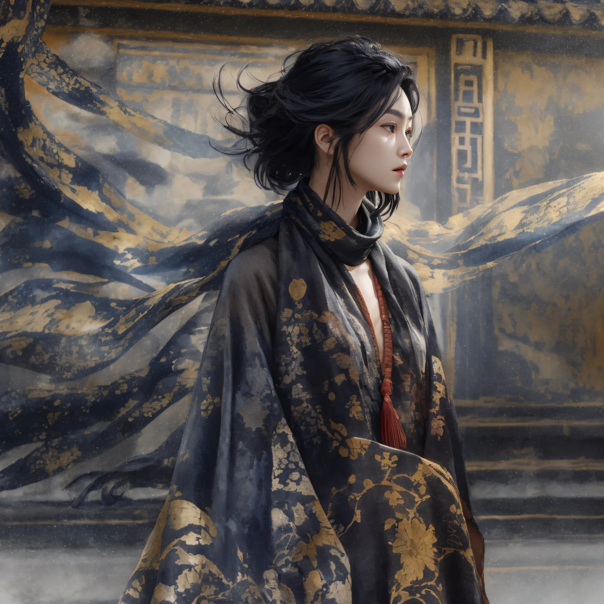 Side 32K,exteriors,Roof,People are small(tmasterpiece,k hd,hyper HD,32K)Long flowing glossy black hair,Tang dynasty complex,zydink, a color,Morning(canyons), (Linen batik scarf), Combat posture, looking at the ground, Linen bandana, Chinese python pattern long-sleeved garment, Morning(Abstract gouache splash:1.2), Dark clouds lightning background,sprinkling(realisticlying:1.4),Black color hair,The dust is blowing,Background fog, A high resolution, the detail, RAW photogr, Sharp Re, Nikon D850 Film Stock Photo by Jefferies Lee 4 Kodak Portra 400 Camera F1.6 shots, Rich colors, ultra-realistic vivid textures, Dramatic lighting, Unreal Engine Art Station Trend, cinestir 800,Flowing shiny black hair,(((National style building)))Full-body side