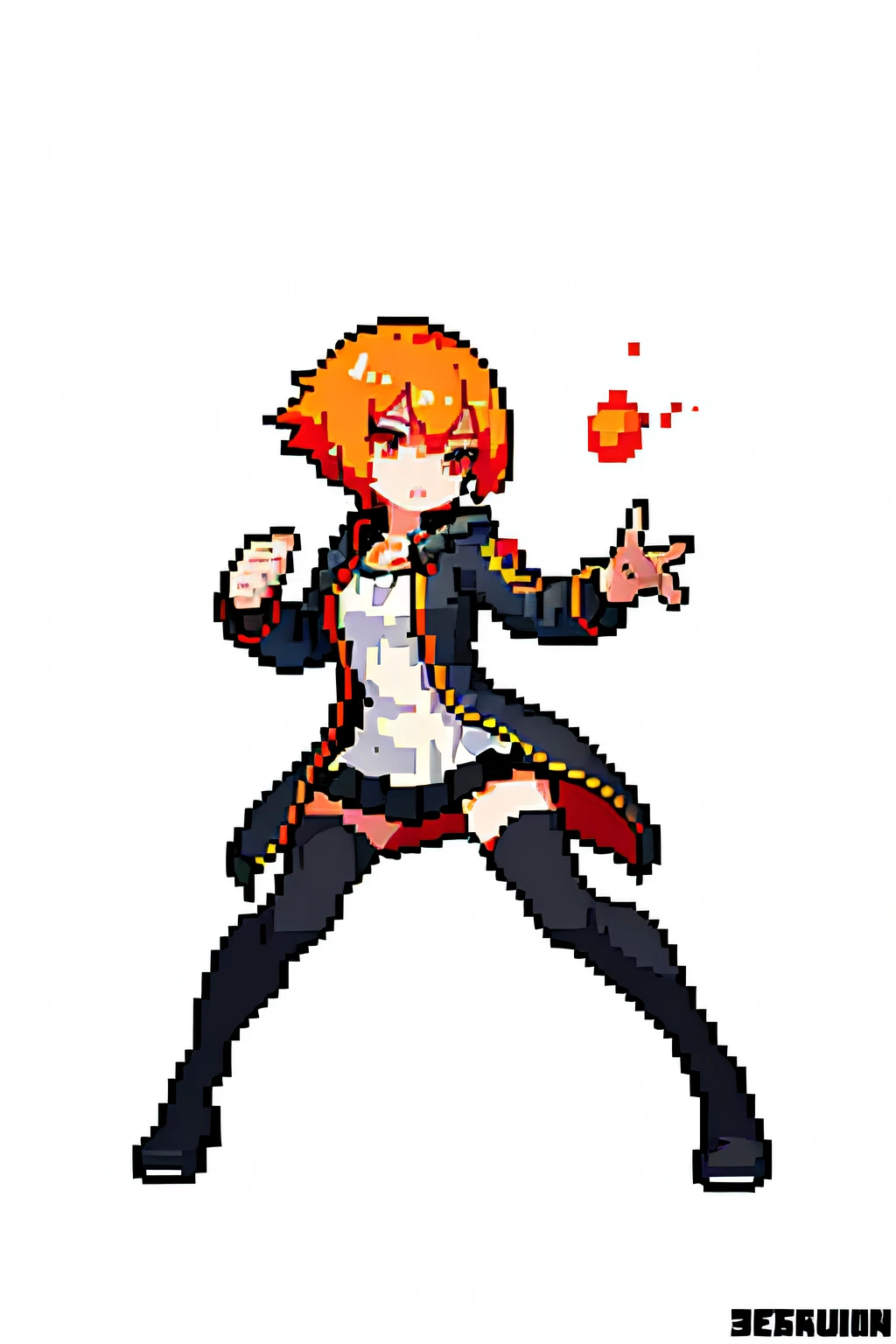 (masterpiece, top quality, best quality, less detail), pixel,pixel art,1girl,full body,attack pose, US style, poor jacket,orange element, game asset, red eyes, silver hair,