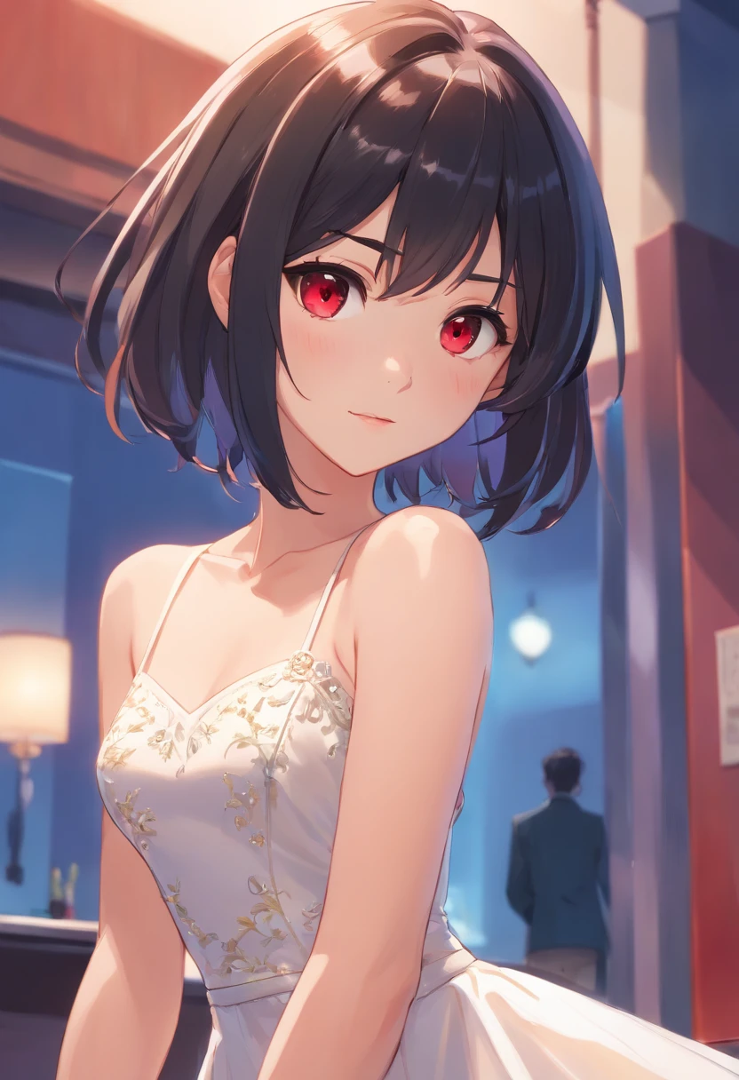 Detailed caricature, Young white girl with black straight hair and crimson eyes, White porcelain leather, full bodyesbian, Room with white prom dress, high high quality, high resolution, 8K, hdd, (Well-designed body), amazing body, (Super detailed), beautidful eyes, ultra - detailed, Super Elista