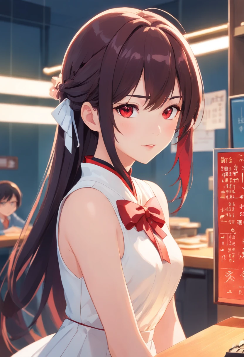 Detailed caricature, Young white girl with black straight hair and crimson eyes, White porcelain leather, full bodyesbian, Room with white prom dress, high high quality, high resolution, 8K, hdd, (Well-designed body), amazing body, (Super detailed), beautidful eyes, ultra - detailed, Super Elista