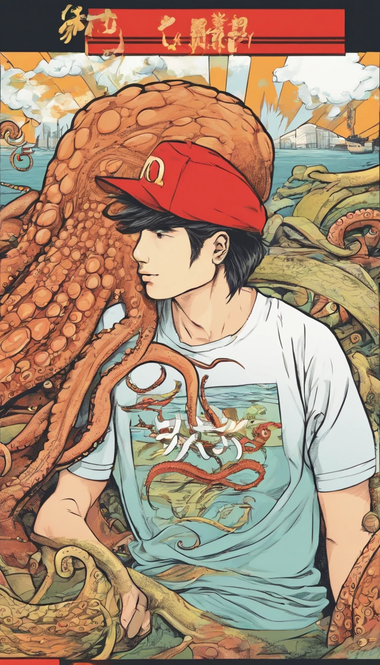T-shirt with octopus logo on chest、Lacoste