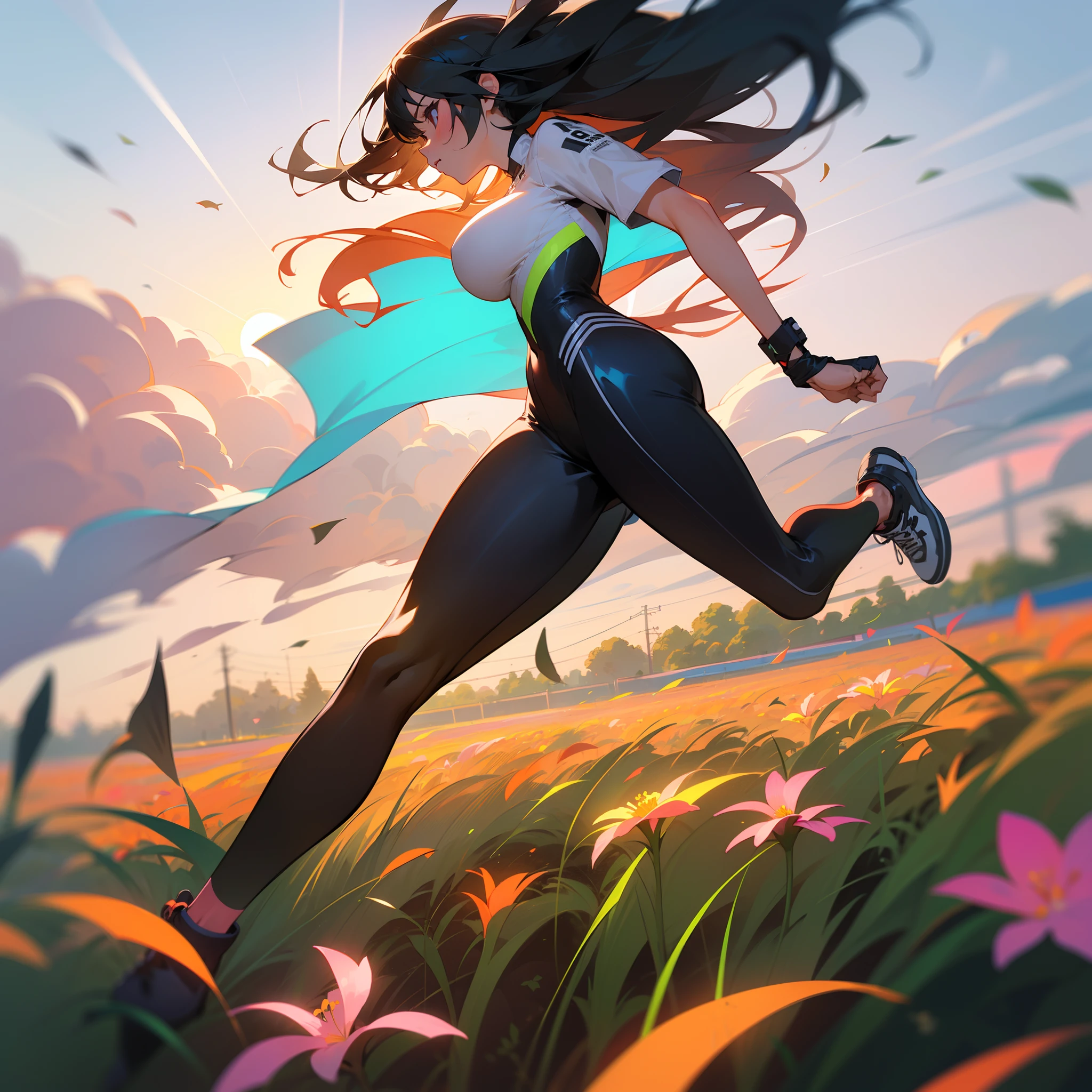 Girl running across the field, (((Neon flowers))), middle shot, Portrait, Clouds, sun rising, big breastes, latex bodycon suit, Long black hair , sneakers, sprint, Perspective in the profile of a girl, ((runs across the field)), (((Run across the field as fast as you can))), ((((Highest Sprint Speed)))), runs as fast as possible,((((  Image taken from the girl's profile))))