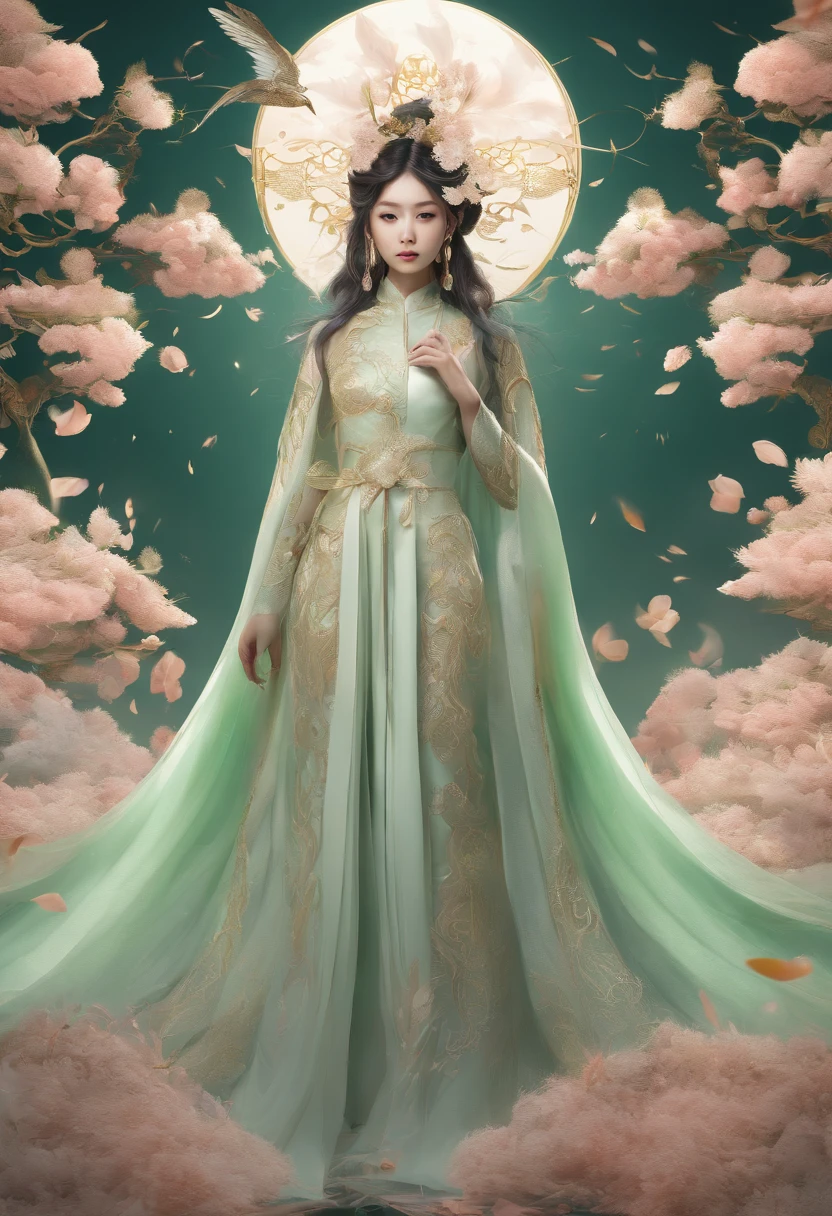 A Chinese fairy wearing a light green wedding dress, light green tulle cloak, golden Phoenix, nine-tailed fox spirit, nine tails spread out behind like a circle of smoke in the air, peach blossoms, clouds, high quality, symmetrical composition, high resolution # intricate details # Unreal (relaxed) 8k,HD 8k