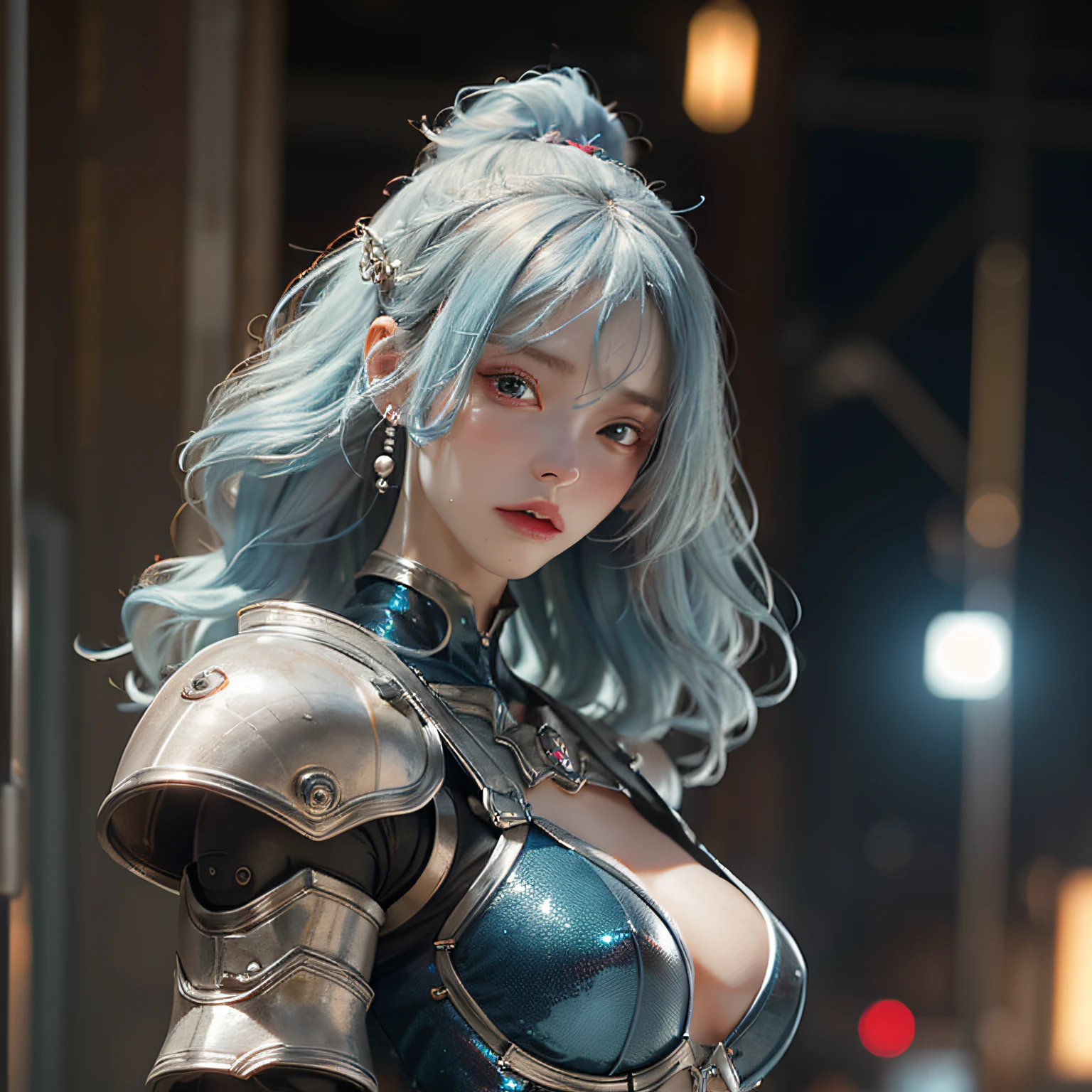 masterpiece、hightquality、。.。.。.3D、8K CG、intricate detailes、细致背景、Sacred。ornament detached, Dylan Kowalski, , ((2girls)), The upper part of the body, musculature, Skindentation, looking to side, Light blue hair、length hair, Mechanical arm, synthetic skin, porcelain, pearls, Holographic, Titanium, Diamonds, ruby, sapphires, Pedras preciosas, Clockwork, grunge, worn edges, s Armor, Beautiful breasts、
