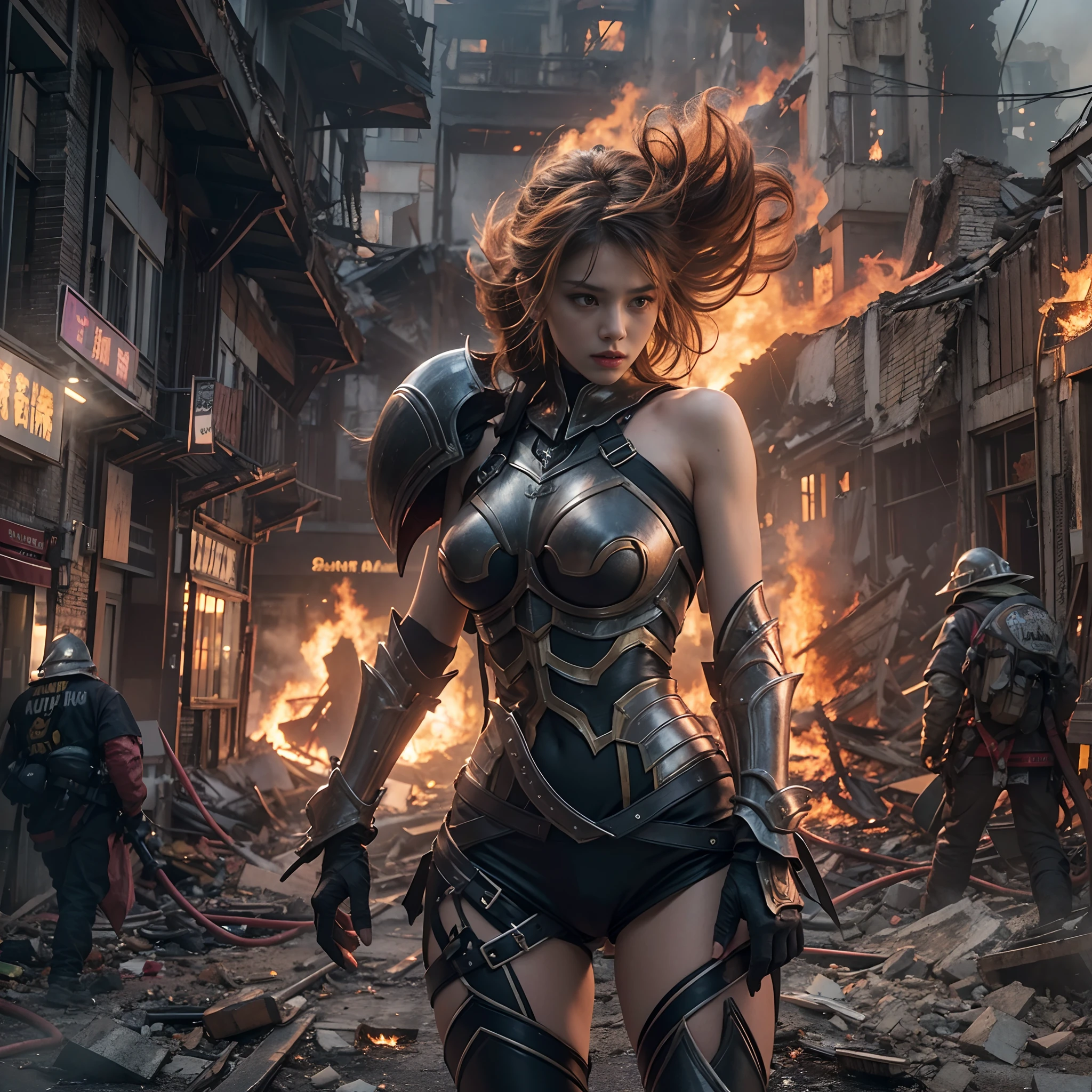 8k, top-quality, （pubic hair beauty）、hight resolution, realisticlying, realperson, A hero wearing glowing armor fighting black smoke and assimilated monsters、The hero is a woman in a building street where fire and smoke rise、The building is collapsing