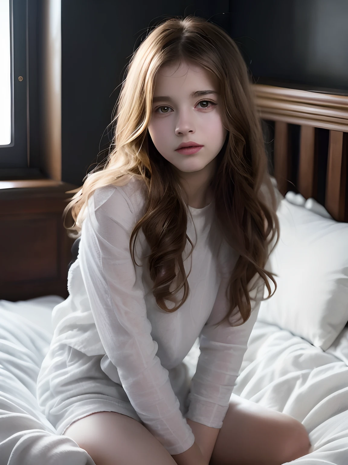 Portrait of an 18 year old cute beautiful perfect face petit teen, she is happy, very beautiful Russian, raw, in bed, (dark private study, dark and moody light: 1.2)