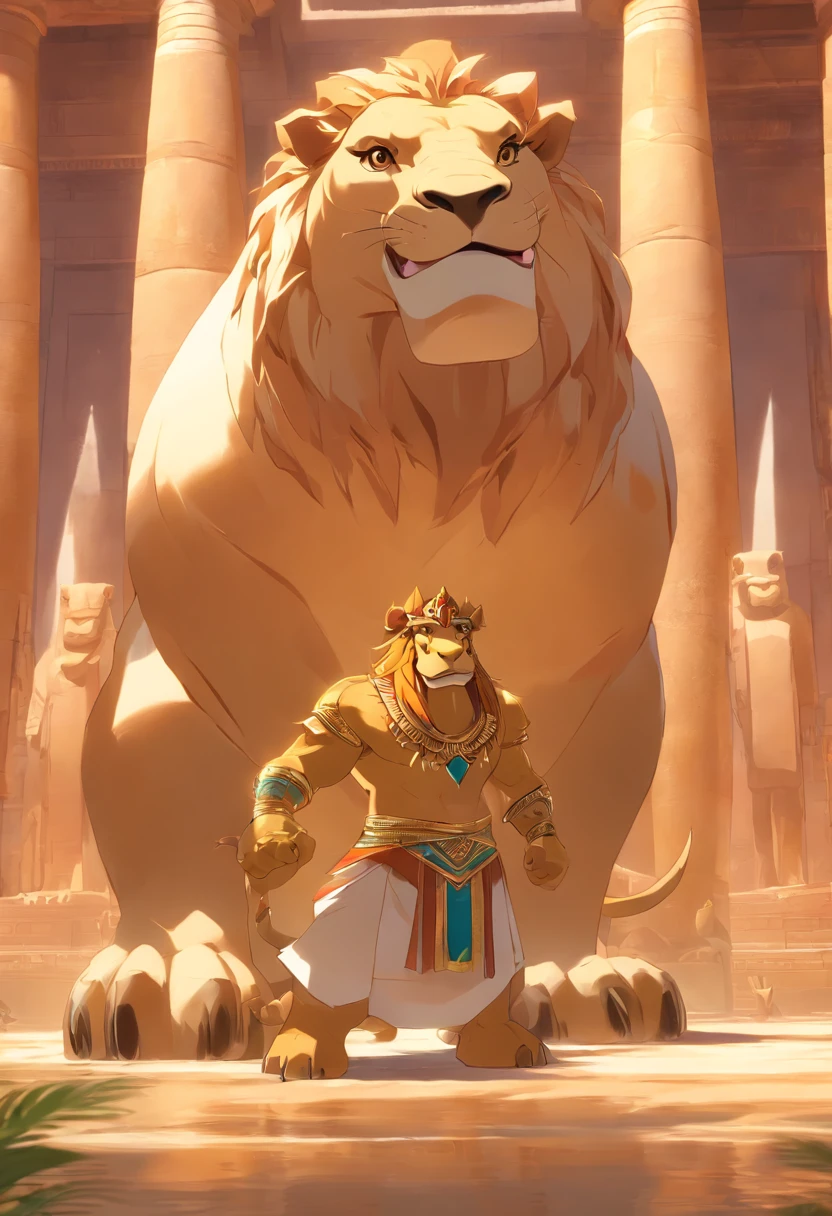 (((Lion paws and hippo paws))) best quality, very high resolution, 4K detailed CG, masterpiece, Egyptian mythology,Ammit, sun in the background, Ancient Egypt, standing pose,hybrid god,hippopotamus, lion,crocodile white clothes, Egyptian clothes, Egyptian temple, desert, Ancient Egypt, ((crocodile head, lion body), Egyptian palace, aesthetics, beautiful image, centered on the screen, standing pose