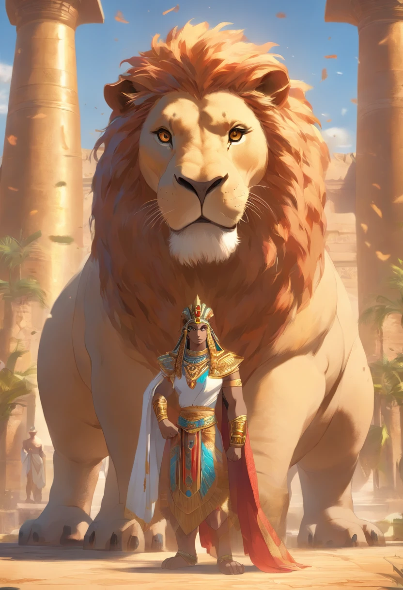 (((Lion paws and hippo paws))) best quality, very high resolution, 4K detailed CG, masterpiece, Egyptian mythology,Ammit, sun in the background, Ancient Egypt, standing pose,hybrid god,hippopotamus, lion,crocodile white clothes, Egyptian clothes, Egyptian temple, desert, Ancient Egypt, ((crocodile head, lion body), Egyptian palace, aesthetics, beautiful image, centered on the screen, standing pose