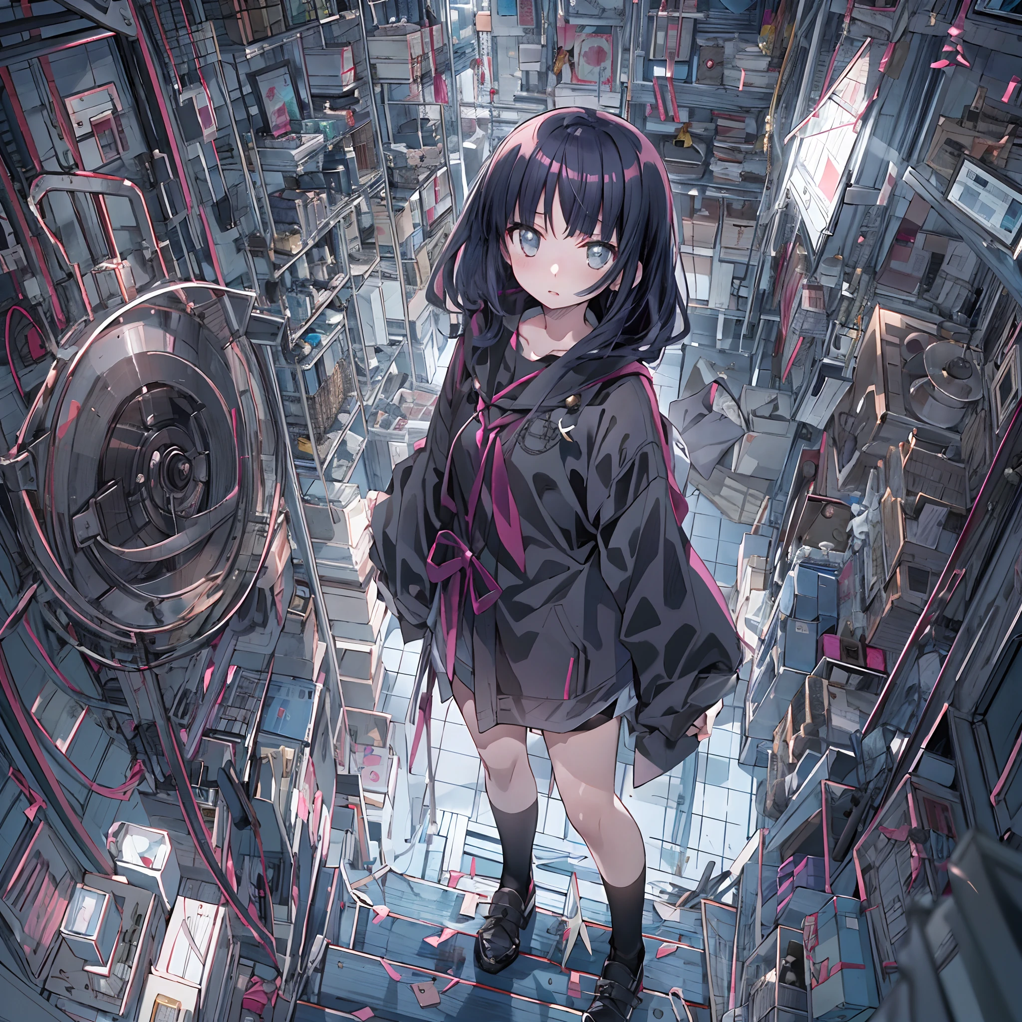 absurderes, hight resolution, (Anime style:1.1), ((masutepiece)), ((Best Quality)), (Ultra-detailed), (Beautiful), 独奏, Beautiful face、(liftup)、Cute girl trapped in a mysterious space,shiny pale black hair、 fine black eyes,Ephemeral,,Looking at Viewer,Dramatic,、(full body Esbian)、14years、high-angle、、Cute casual outfit、(Shoku:1.3)、Elegant woman、wretched、(Grim Reaper stands in the background:1.2)