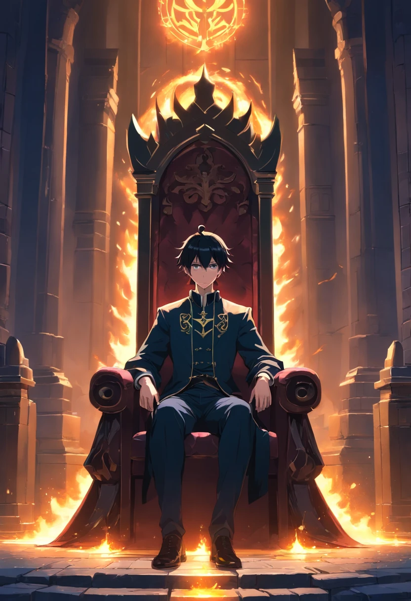 Kindly, Generate an image of an imposing man wearing a black top hat, Sitting authoritatively on a special throne，This throne is located in the center of a dark crossroads. He wears a black cloak，Flow around him, Adding a touch of mystery to his figure. In one of your hands, He holds a sinister-looking trident firmly. The whole scene takes place at night, The cobblestone streets cast deep shadows. Around the throne, 火焰, Crackling and shining;, Cast a sinister glow around you. Get the key, with a cold, Penetrating white, Hover in the background, His glow disturbed the whole scene。. The combination of moonlight and flame creates dramatic contrasts, Revealing the details of the throne, Characters and crossroads appear in a sinister and hypnotic manner, 。.3D,