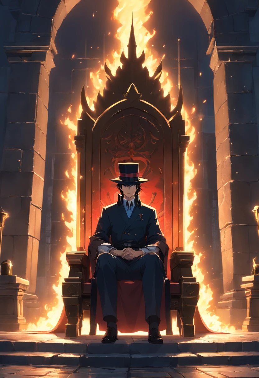 Kindly, Generate an image of an imposing man wearing a black top hat, Sitting authoritatively on a special throne,This throne is located in the center of a dark crossroads. He wears a black cloak,Flow around him, Adding a touch of mystery to his figure. In one of your hands, He holds a sinister-looking trident firmly. The whole scene takes place at night, The cobblestone streets cast deep shadows. Around the throne, 火焰, Crackling and shining;, Cast a sinister glow around you. Get the key, with a cold, Penetrating white, Hover in the background, His glow disturbed the whole scene。. The combination of moonlight and flame creates dramatic contrasts, Revealing the details of the throne, Characters and crossroads appear in a sinister and hypnotic manner, 。.3D,