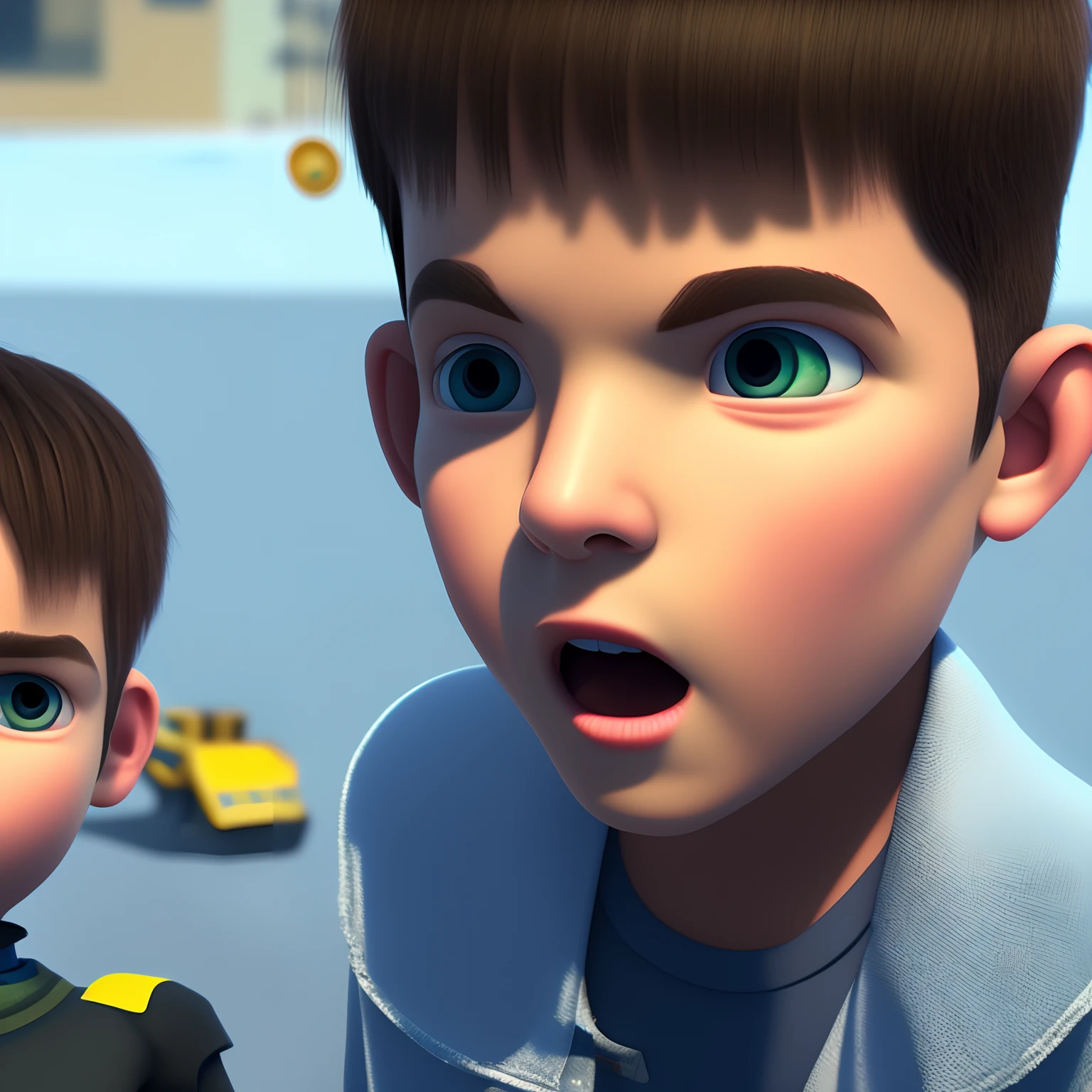 Short-haired boy with a psychopath face and is Brazilian and 3d animation effect from Pixar