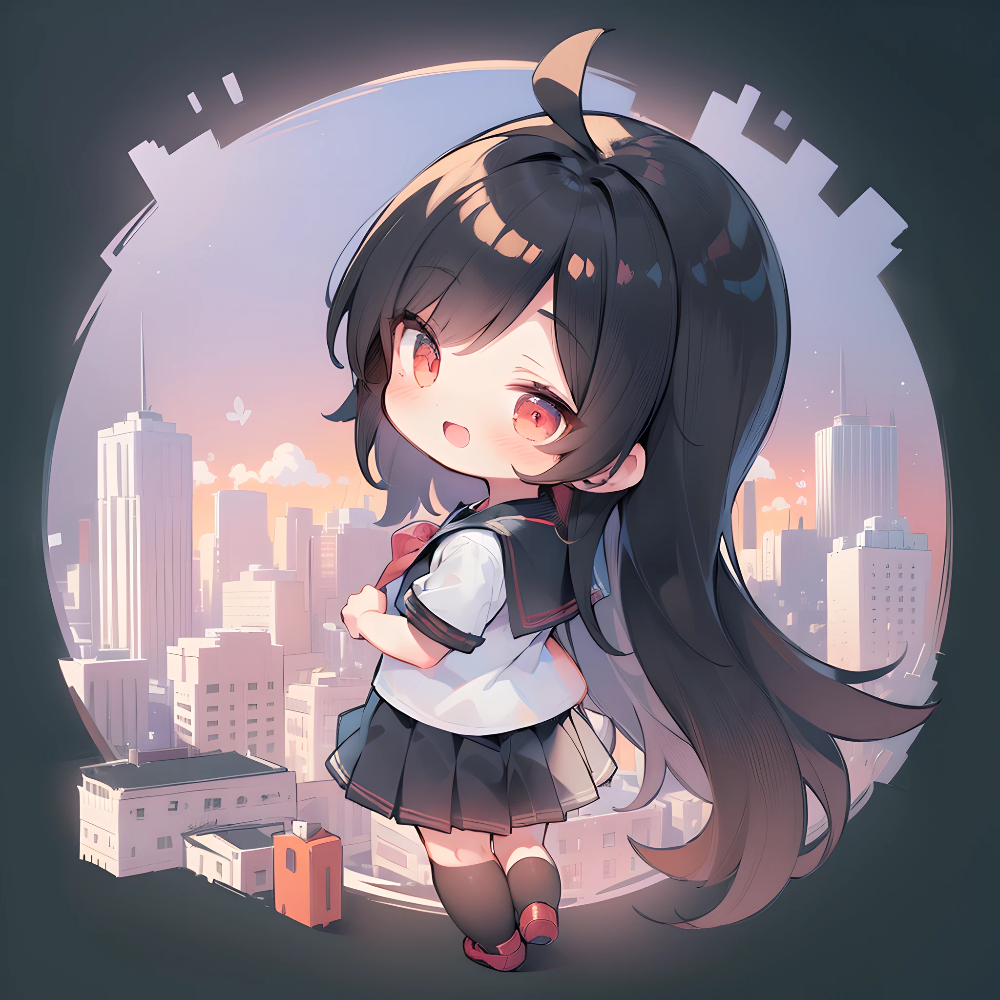 (((masutepiece))), Best Quality, Extremely detailed, (School uniform:1.4), (((girl with))), (((Solo))), Happy, Full body, (((from the rear))), (((Wink))), Ahoge, Black Long Hair, (((Deformed))), (((Chibi Character))), (((night city background)))