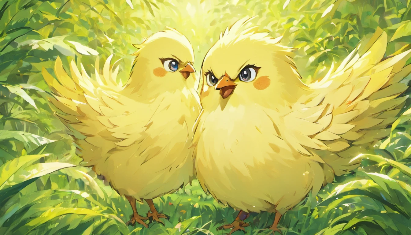 (best quality,4k,8k,highres,masterpiece:1.2),ultra-detailed,realistic,beautiful detailed eyes,funny chicken,animal,big-eyed chicken,chicken,cute,chubby,chirpy,feathers,fluffy,beak,yellow feathers,bright colors,vivid colors,animated,curious expression,energetic,feathers,ruffled feathers,feather texture,expressive face,plump body,fur detail,playful,joyful,unique character,active,lively,feathered friend,fun,whimsical,mischief,mischievous,comical,clucking,roaming in the garden,domestic farm animal,foliage background,comically large eyes and small beak,stylized artwork.