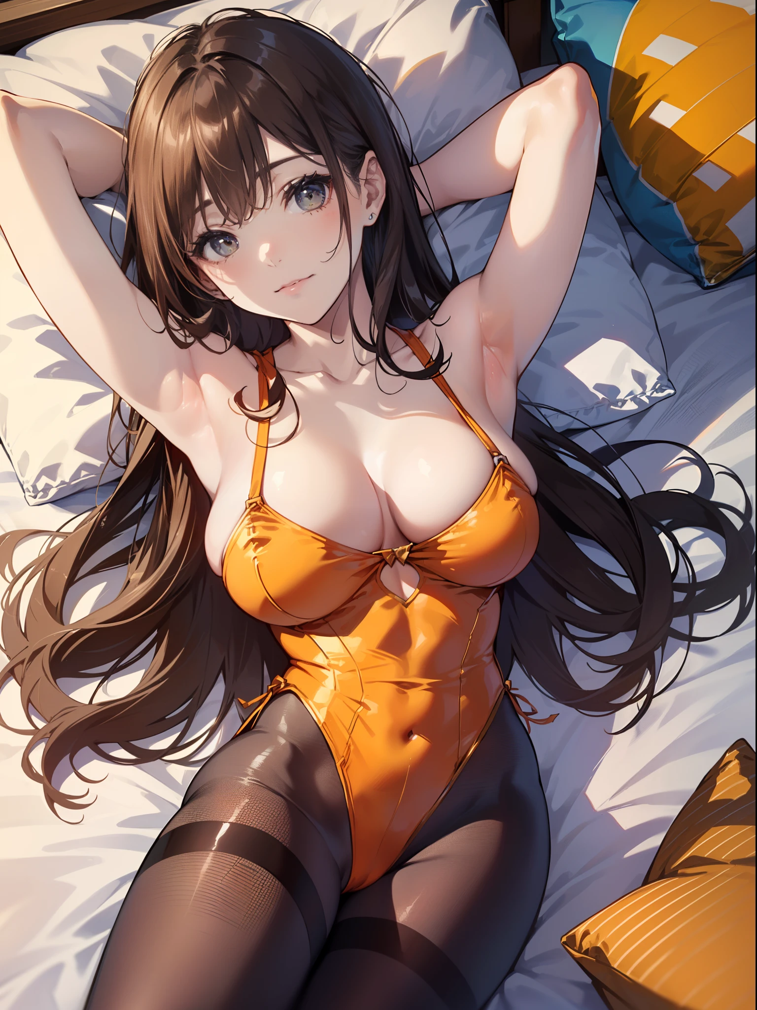 (top-quality: 1.3), (masterpiece: 1.3), (The ultra-detailliert: 1.3)、(Detailed hands and fingers:1.2)、(((Woman in orange leotard:1.3)))、((Brown pantyhose))、(Love hotel rooms:1.3)、Brown-haired woman、ssmile、(Beautiful busty woman:1.4)、Longhair Woman、((Women with straight hair))、((Woman lying on bed with her head on a fluffy pillow、Place the right side of the body on the bed))、Woman with open legs、Woman in naughty pose