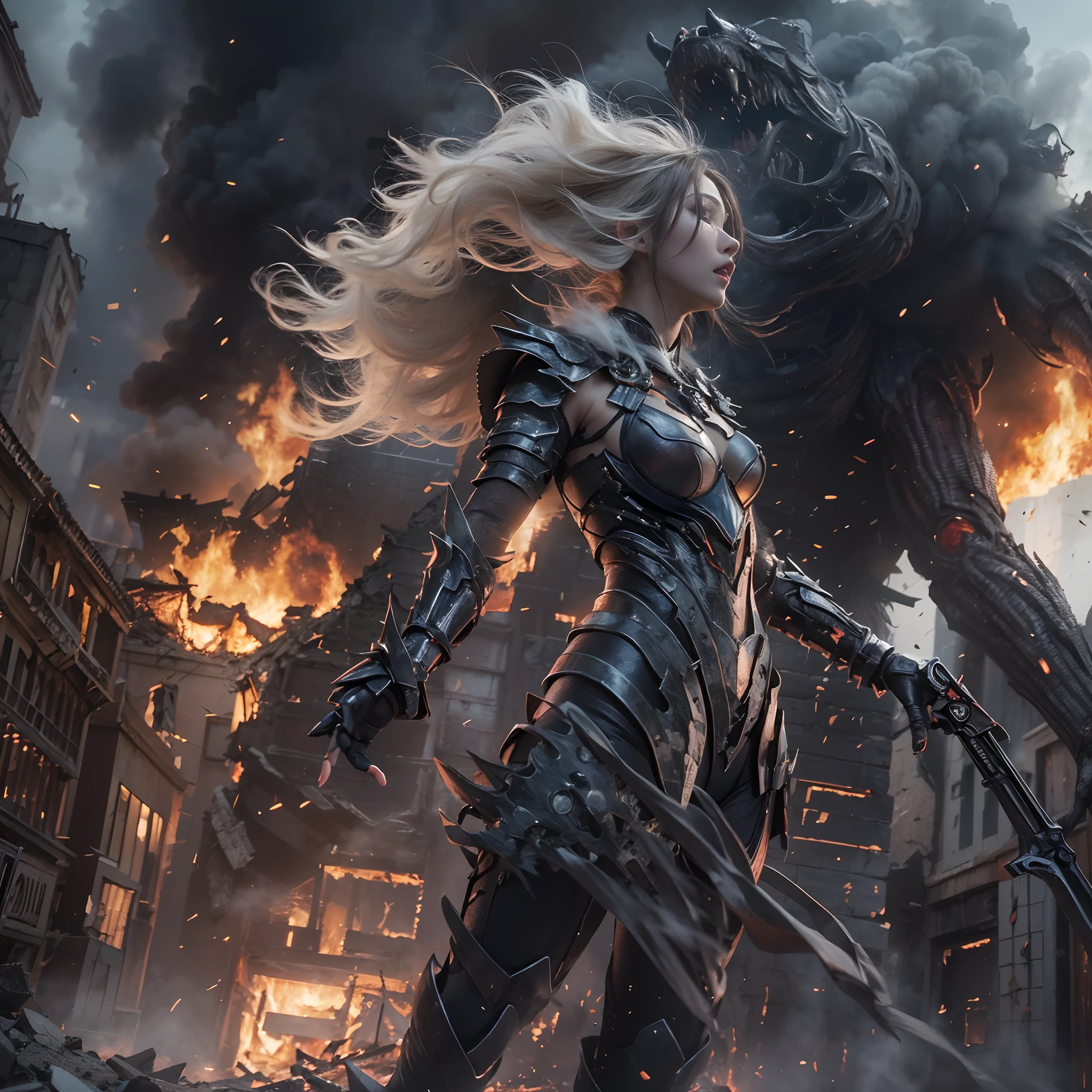 8k, top-quality, （pubic hair beauty）、hight resolution, realisticlying, realperson, Hero wearing glowing armor fighting black smoke and assimilated monsters The hero is a woman in a building street with fire and smoke rising、The building is collapsing