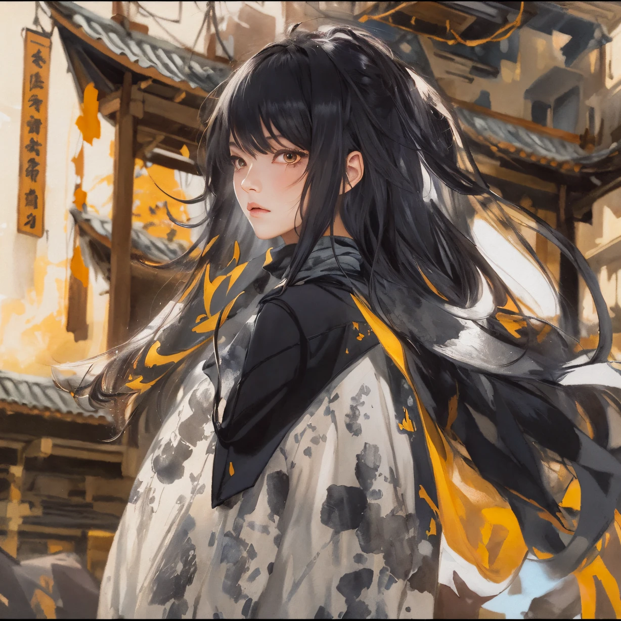 Side 32K，exteriors，Roof，People are small（tmasterpiece，k hd，hyper HD，32K）Long flowing glossy black hair，Tang dynasty complex，zydink， a color，Morning（canyons）， （Linen batik scarf）， Combat posture， looking at the ground， Linen bandana， Chinese python pattern long-sleeved garment， Morning（Abstract gouache splash：1.2）， Dark clouds lightning background，sprinkling（realisticlying：1.4），Black color hair，The dust is blowing，Background fog， A high resolution， the detail， RAW photogr， Sharp Re， Nikon D850 Film Stock Photo by Jefferies Lee 4 Kodak Portra 400 Camera F1.6 shots, Rich colors, ultra-realistic vivid textures, Dramatic lighting, Unreal Engine Art Station Trend, cinestir 800，Flowing orange black hair,（（（National style building）））Full-body side