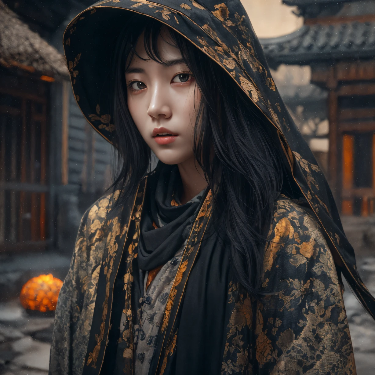 Side 32K,exteriors,Roof,People are small(tmasterpiece,k hd,hyper HD,32K)Long flowing glossy black hair,Tang dynasty complex,zydink, a color,Morning(canyons), (Linen batik scarf), Combat posture, looking at the ground, Linen bandana, Chinese python pattern long-sleeved garment, Morning(Abstract gouache splash:1.2), Dark clouds lightning background,sprinkling(realisticlying:1.4),Black color hair,The dust is blowing,Background fog, A high resolution, the detail, RAW photogr, Sharp Re, Nikon D850 Film Stock Photo by Jefferies Lee 4 Kodak Portra 400 Camera F1.6 shots, Rich colors, ultra-realistic vivid textures, Dramatic lighting, Unreal Engine Art Station Trend, cinestir 800,Flowing orange black hair,(((National style building)))Full-body side