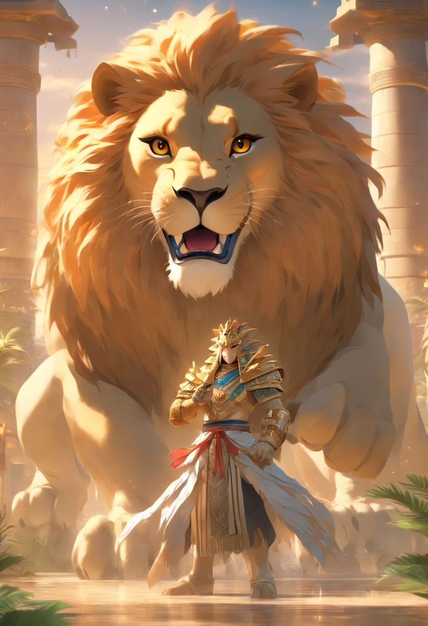 (((Lion paws and crocodile head))) best quality, very high resolution, 4K detailed CG, masterpiece, Egyptian mythology, Ammit, sun in the background, Ancient Egypt, hybrid god, hippopotamus, lion, white clothes , crocodile head , Egyptian clothing, Egyptian temple, desert, Ancient Egypt, ((crocodile head, lion body)), Egyptian palace, aesthetics, beautiful image, centered on screen, standing pose