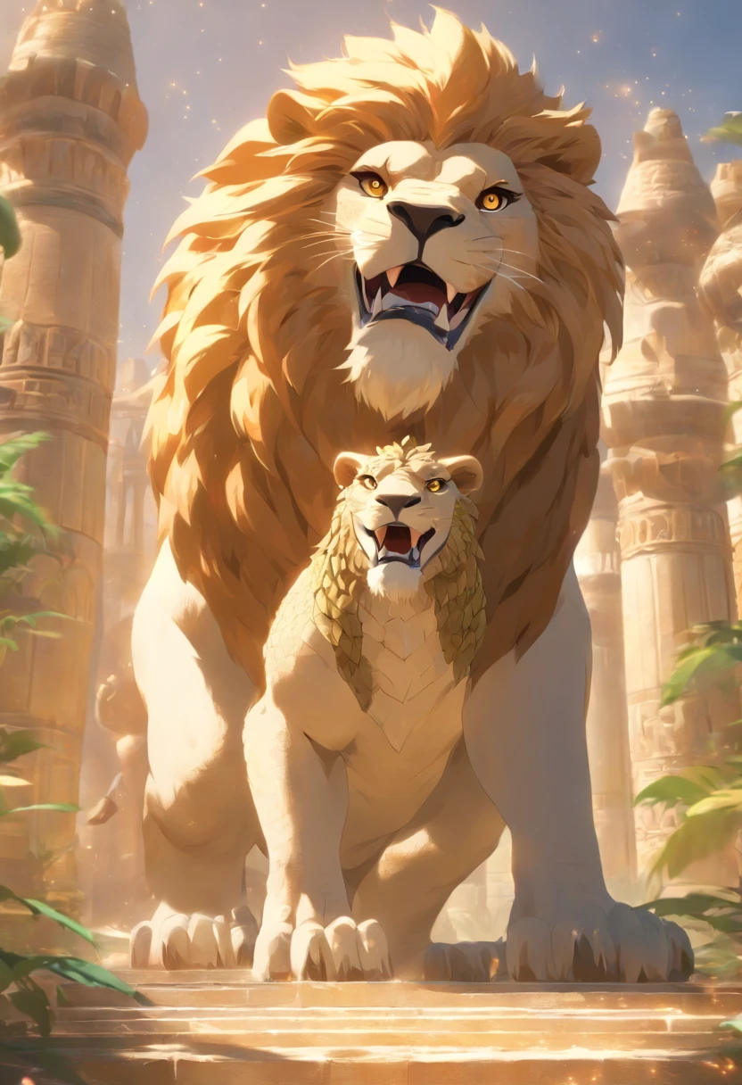 (((Lion paws and crocodile head))) best quality, very high resolution, 4K detailed CG, masterpiece, Egyptian mythology, Ammit, sun in the background, Ancient Egypt, hybrid god, hippopotamus, lion, white clothes , crocodile head , Egyptian clothing, Egyptian temple, desert, Ancient Egypt, ((crocodile head, lion body)), Egyptian palace, aesthetics, beautiful image, centered on screen, standing pose