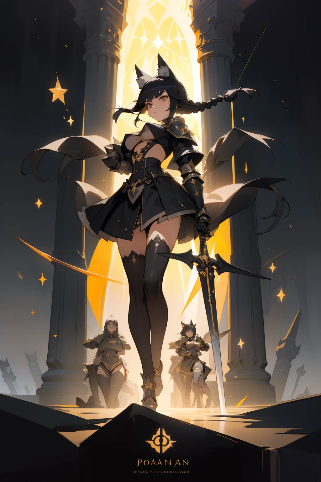 pointy ears，Black color hair，short detailed hair，one-girl，Bigboobs，fox ear，Two legs，Over-the-knee stockings，（middle parted hairstyle），Sideburns have long hair，Star decoration，The sword，Long sword，Mechanical armor，Armor，Body armor，Has long braids。Roman columns，duel，relic，Illusion