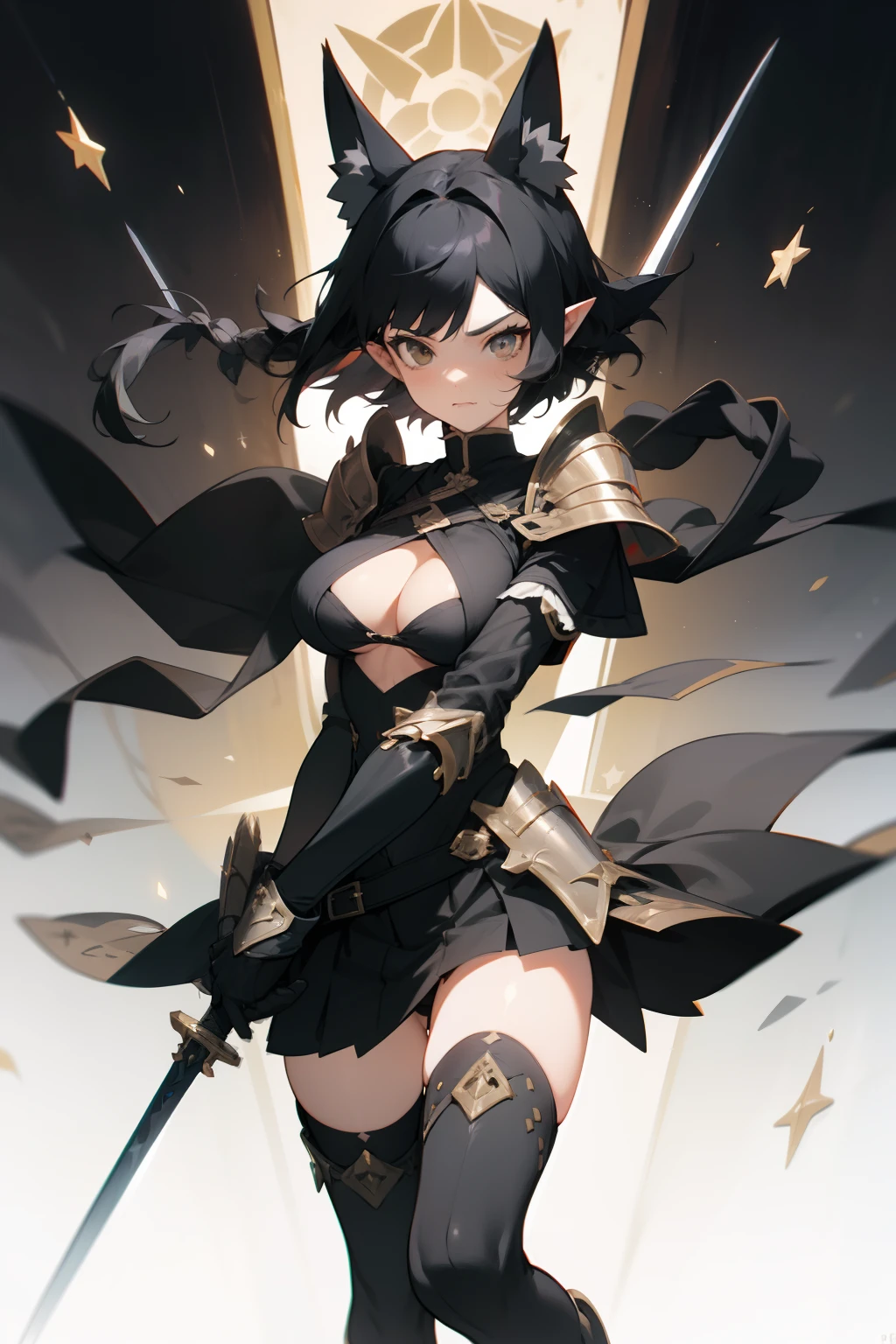 pointy ears，Black color hair，short detailed hair，one-girl，Bigboobs，fox ear，Two legs，Over-the-knee stockings，（middle parted hairstyle），Sideburns have long hair，Star decoration，The sword，Long sword，Mechanical armor，Armor，Body armor，Has long braids。Roman columns，duel，relic，Illusion