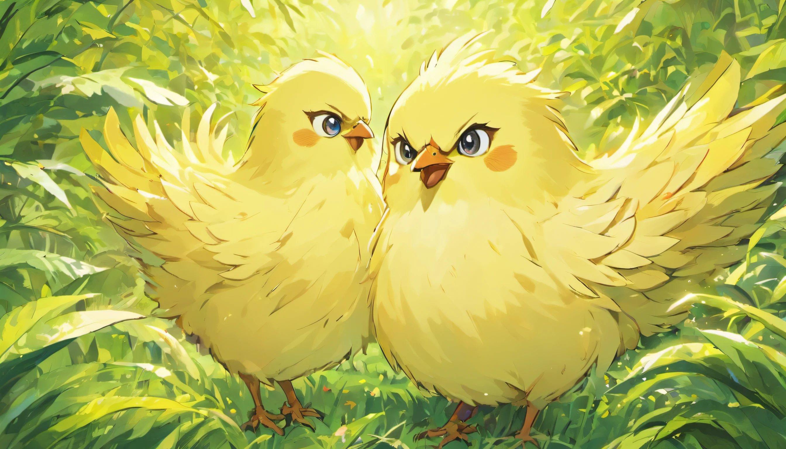 (best quality,4k,8k,highres,masterpiece:1.2),ultra-detailed,realistic,beautiful detailed eyes,funny chicken,animal,big-eyed chicken,chicken,cute,chubby,chirpy,feathers,fluffy,beak,yellow feathers,bright colors,vivid colors,animated,curious expression,energetic,feathers,ruffled feathers,feather texture,expressive face,plump body,fur detail,playful,joyful,unique character,active,lively,feathered friend,fun,whimsical,mischief,mischievous,comical,clucking,roaming in the garden,domestic farm animal,foliage background,comically large eyes and small beak,stylized artwork.