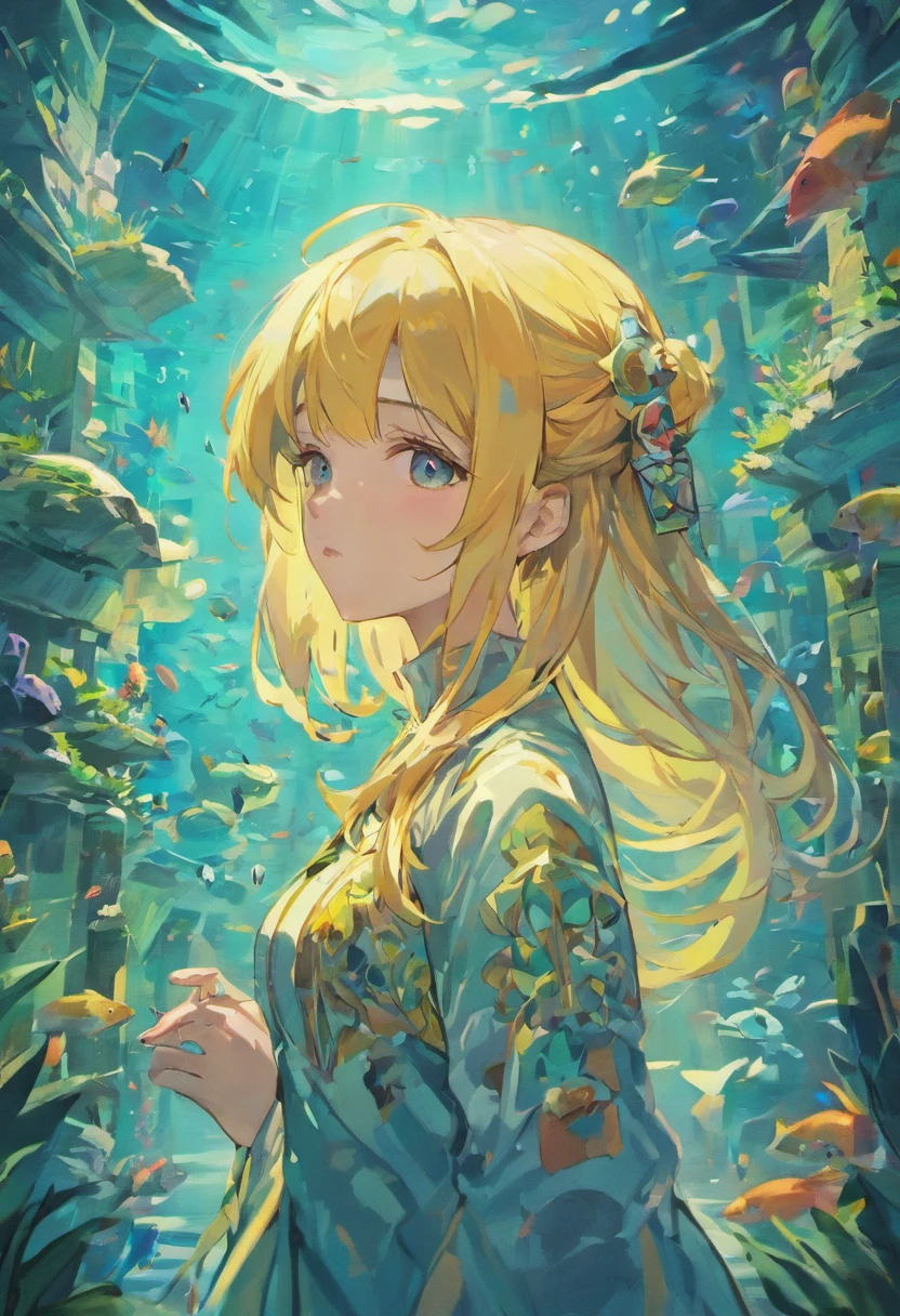 A very large aquarium,It is full of all kinds of fish,All behind glass,extremely colorful,There is a long corridor outside the glass,dimly lit,closeup cleavage,in a panoramic view,and the same environment,Pure scene,There are no characters