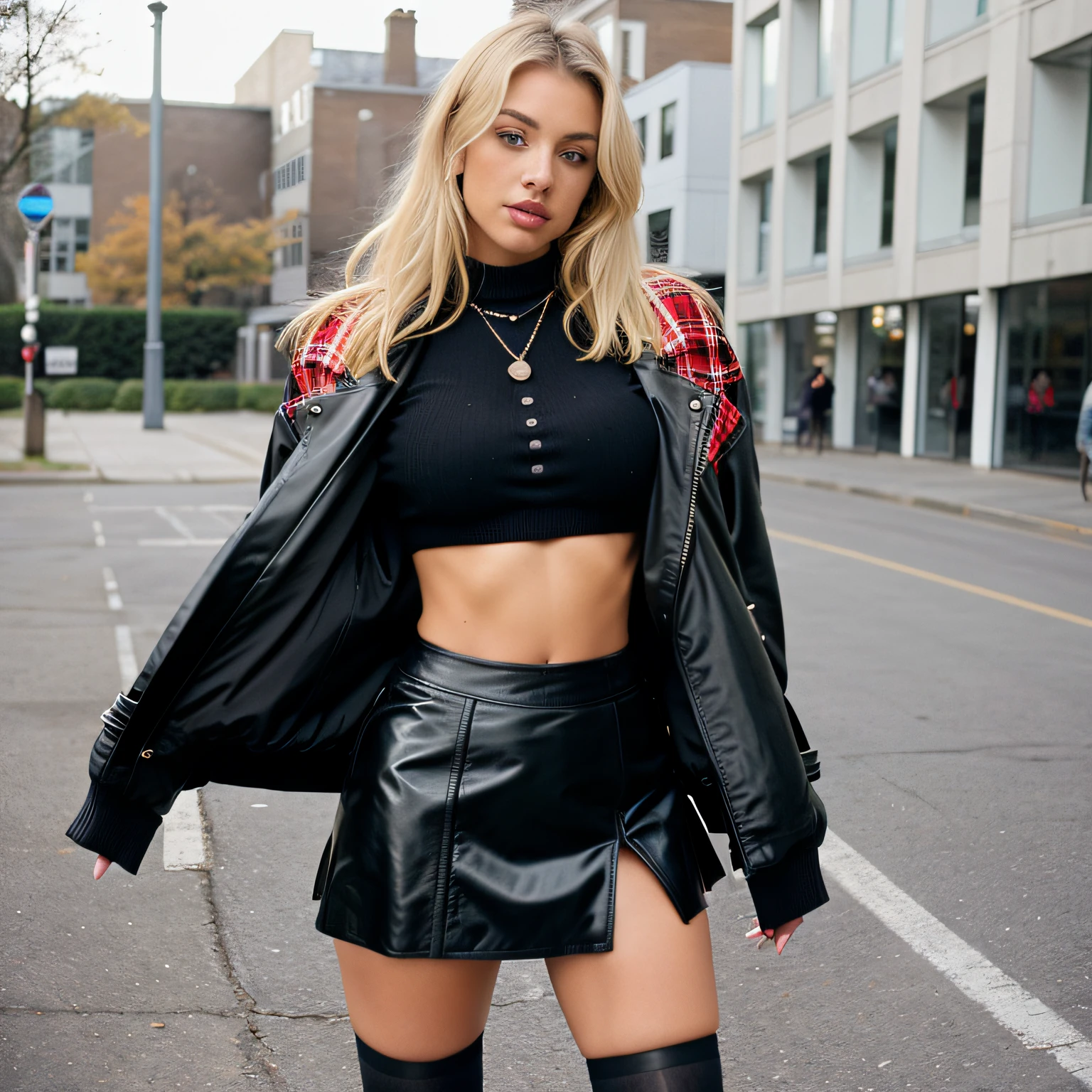 woman (busty, blonde) in a red argyle sweater and black skirt, y 2 k style, y2k style, 90s style, wearing jacket and skirt, preppy style, leather clothes, modern fashion outfit, short skirt and a long jacket, cropped shirt with jacket, clothes in the style of 1 9 9 0, she is wearing streetwear, wearing leather