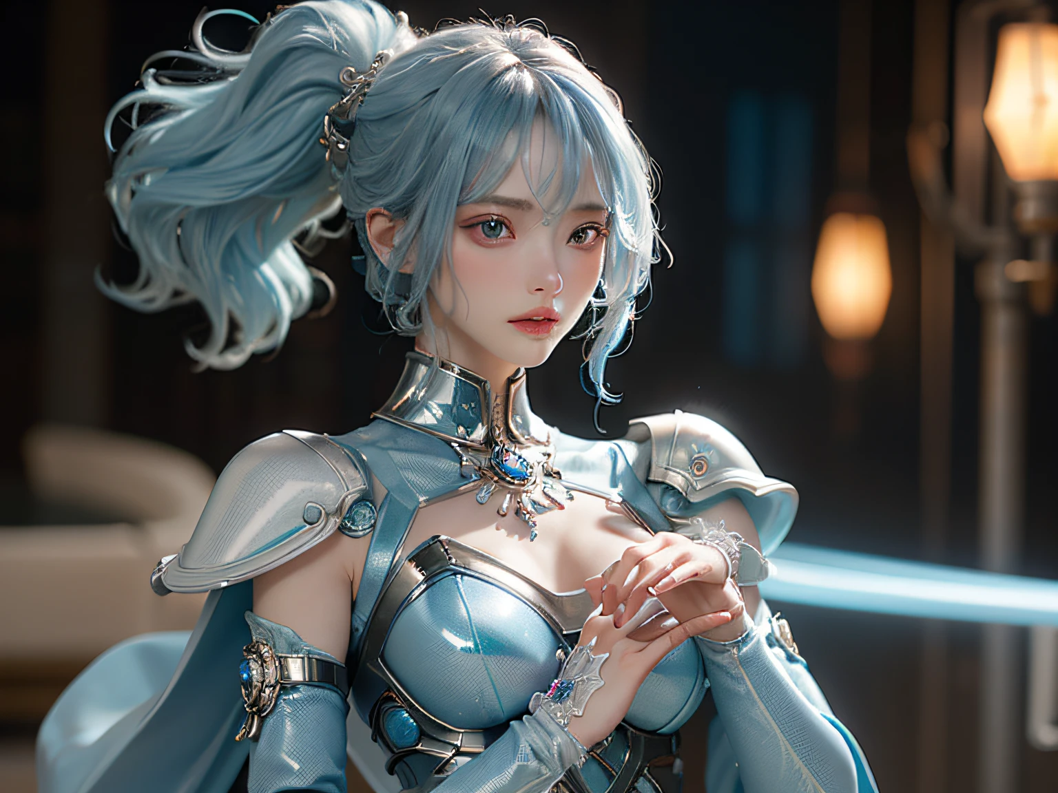 masterpiece、hightquality、。.。.。.。.。.。.。.。.。.。.。.。.。.。.。.。.3D、8K CG、intricate detailes、Detailed background、Sacred。ornament detached,cyborg, 15yo student, ((2girls)), perfect body, musculature, Skindentation, looking to side, Light blue hair、length hair, Mechanical arm, synthetic skin, porcelain, pearls,, Beautiful breasts、
