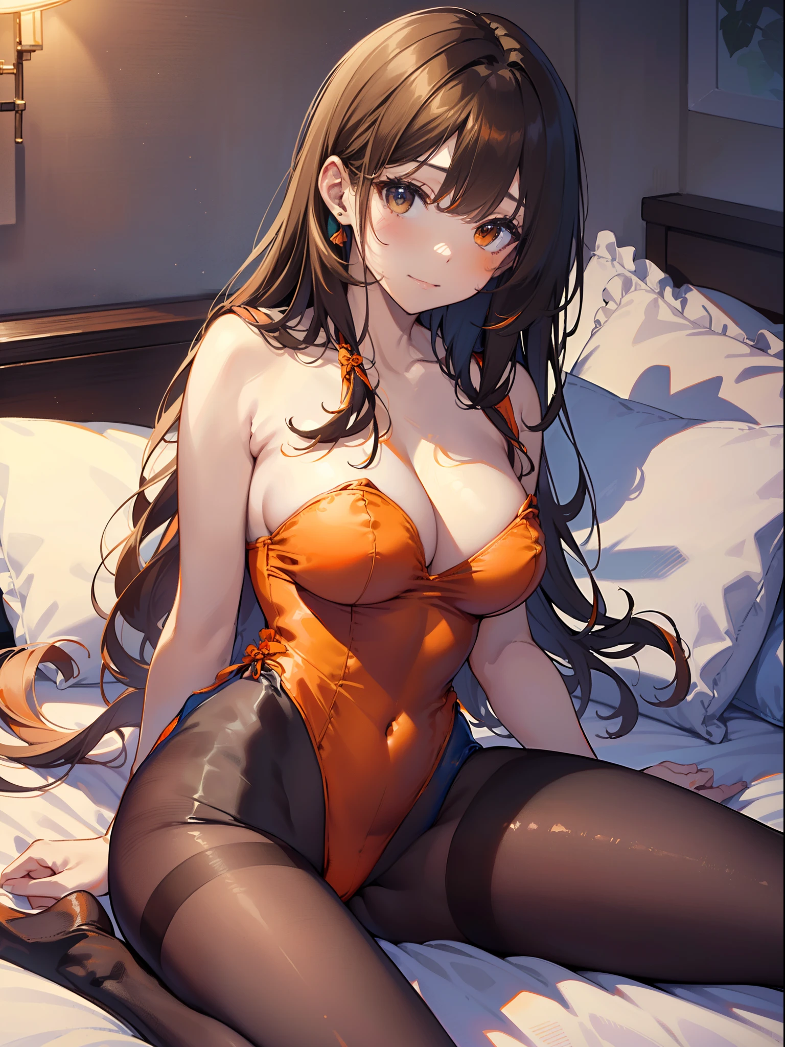 (top-quality: 1.3), (masterpiece: 1.3), (The ultra-detailliert: 1.3)、(Detailed hands and fingers:1.2)、(((Woman in orange leotard:1.4)))、((Brown pantyhose))、(Love hotel rooms:1.3)、Brown-haired woman、ssmile、(Beautiful busty woman:1.4)、Longhair Woman、((Women with straight hair))、((Woman lying on bed with her head on a fluffy pillow、Place the right side of the body on the bed))、Woman with open legs、Woman in naughty pose