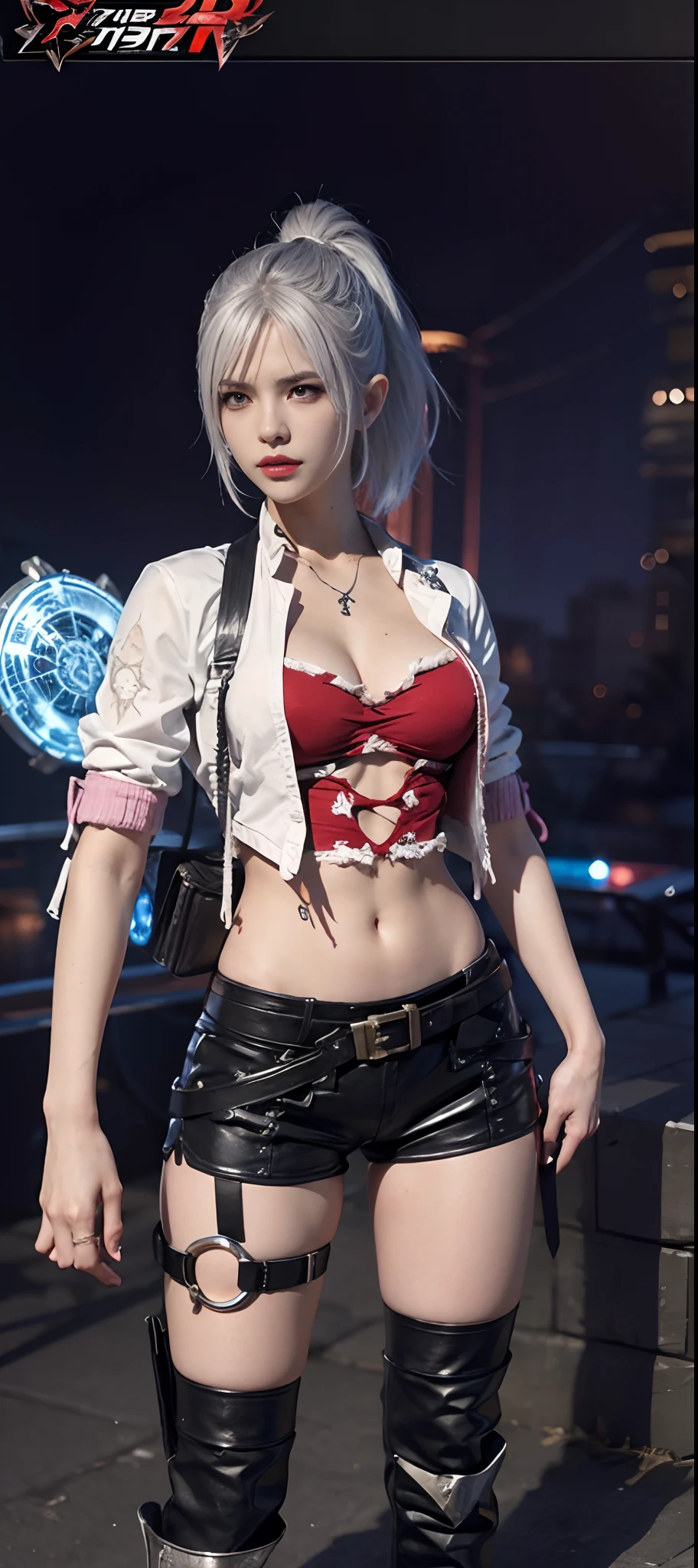 a close up of a person in a costume with a sword, as a character in tekken, female character, tifa lockhart with white hair, katana zero video game character, lunar themed attire, kda, slim body, cyborg - girl with silver hair, upper body avatar, (( medium breast;1.2)), fashion gameplay screenshot, fighting game character, new character, floralpunk elysian maiden, sigma female