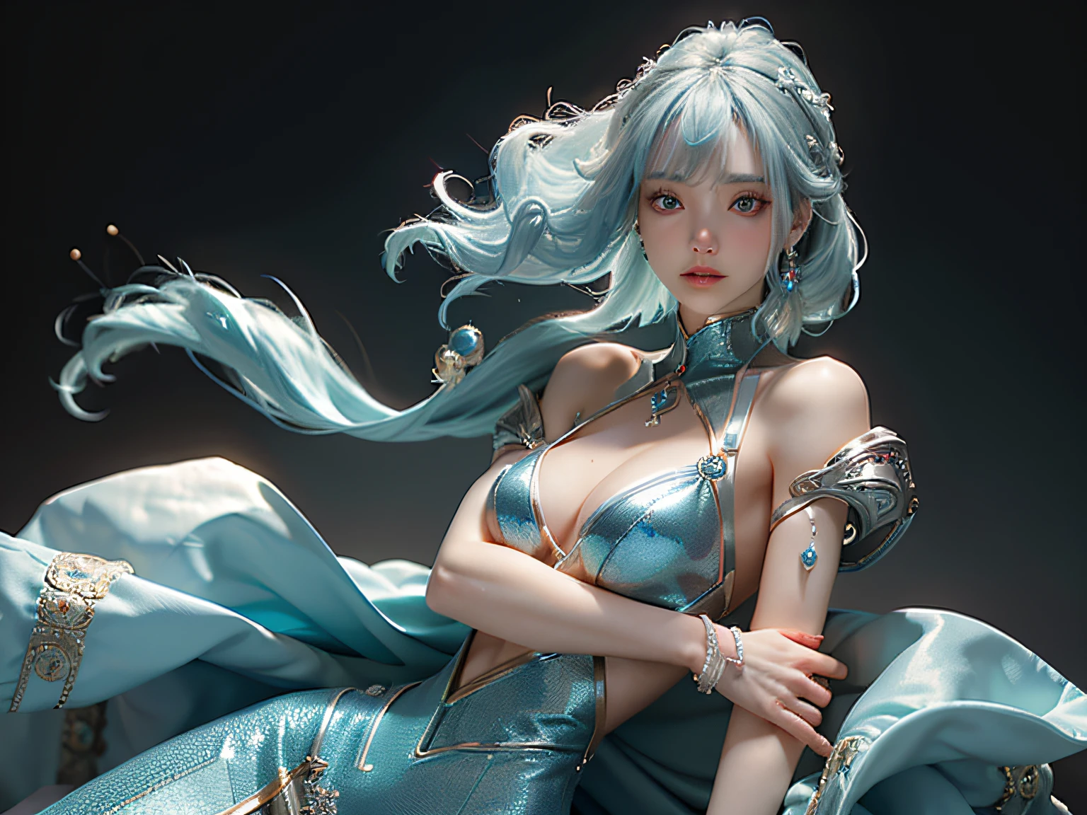 ​masterpiece、hightquality、。.。.。.。.3D、8K CG、intricate detailes、细致背景、Sacred。ornament detached, Dylan Kowalski, 17 age, ((2girls)), The upper part of the body, musculature, Skindentation, looking to side, Light blue hair、length hair,  Mechanical arm, synthetic skin, porcelain, pearls, Holographic, Titanium, Diamonds, ruby, sapphires, Pedras preciosas, Clockwork, grunge, worn edges, s Armor, Beautiful breasts、Twin-tailed hairstyle、