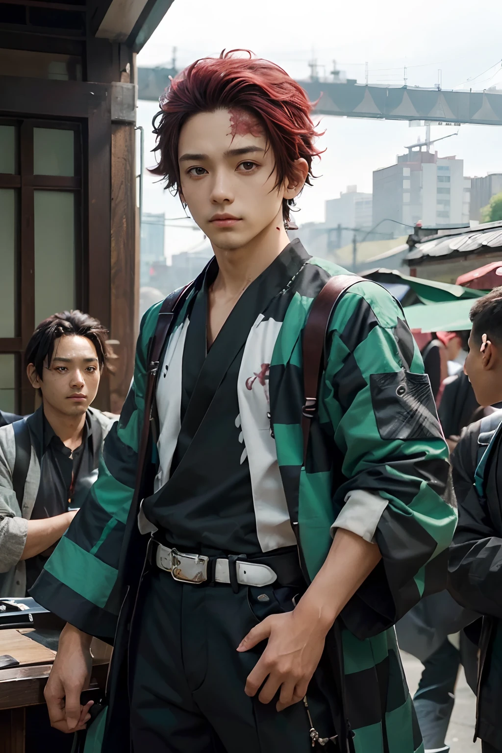 (1 boy:1.4),Background with、having katana、((station))、Crowds、the met、(Male face details:1.4),eye detailed,Cute,Looking at Viewer, Advertising Label Boy,Cute face,Description Empty,Handsome,年轻,Juvenile,((masutepiece:1.4,Best Quality)),Multiple details, eyeshadows,SFW, Full Shot, Green Valley, (Tanjiro), (Original outfit), (Scar,scar on forehead, Checkered clothing, 1boy, Red hair),Green and black clothes,