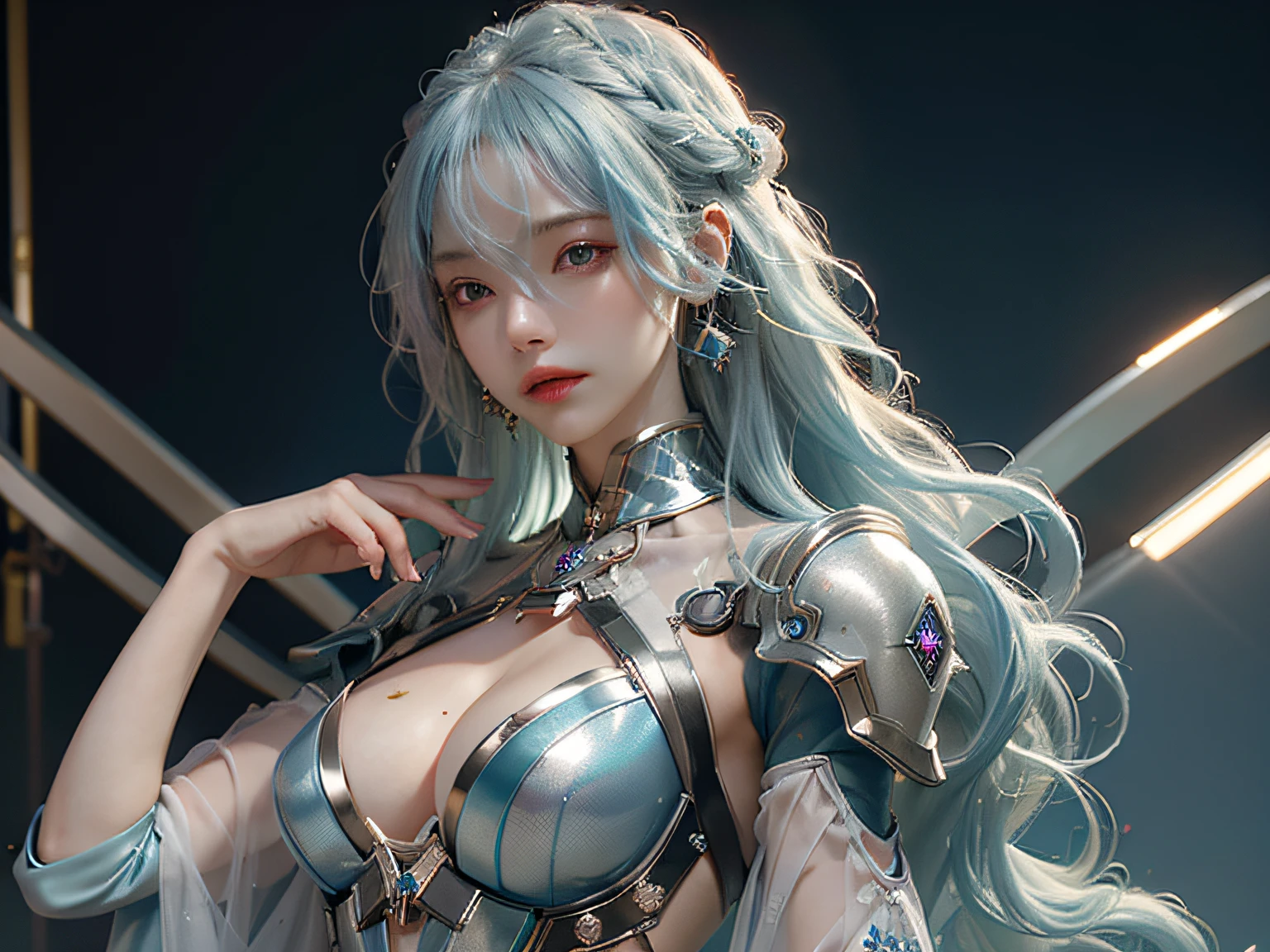 masterpiece、hightquality、。.。.。.。.3D、8K CG、intricate detailes、细致背景、Sacred。ornament detached, Dylan Kowalski, , ((2girls)), The upper part of the body, musculature, Skindentation, looking to side, Light blue hair、length hair, Mechanical arm, synthetic skin, porcelain, pearls, Holographic, Titanium, Diamonds, ruby, sapphires, Pedras preciosas, Clockwork, grunge, worn edges, s Armor, Beautiful breasts、Twin-tailed hairstyle、