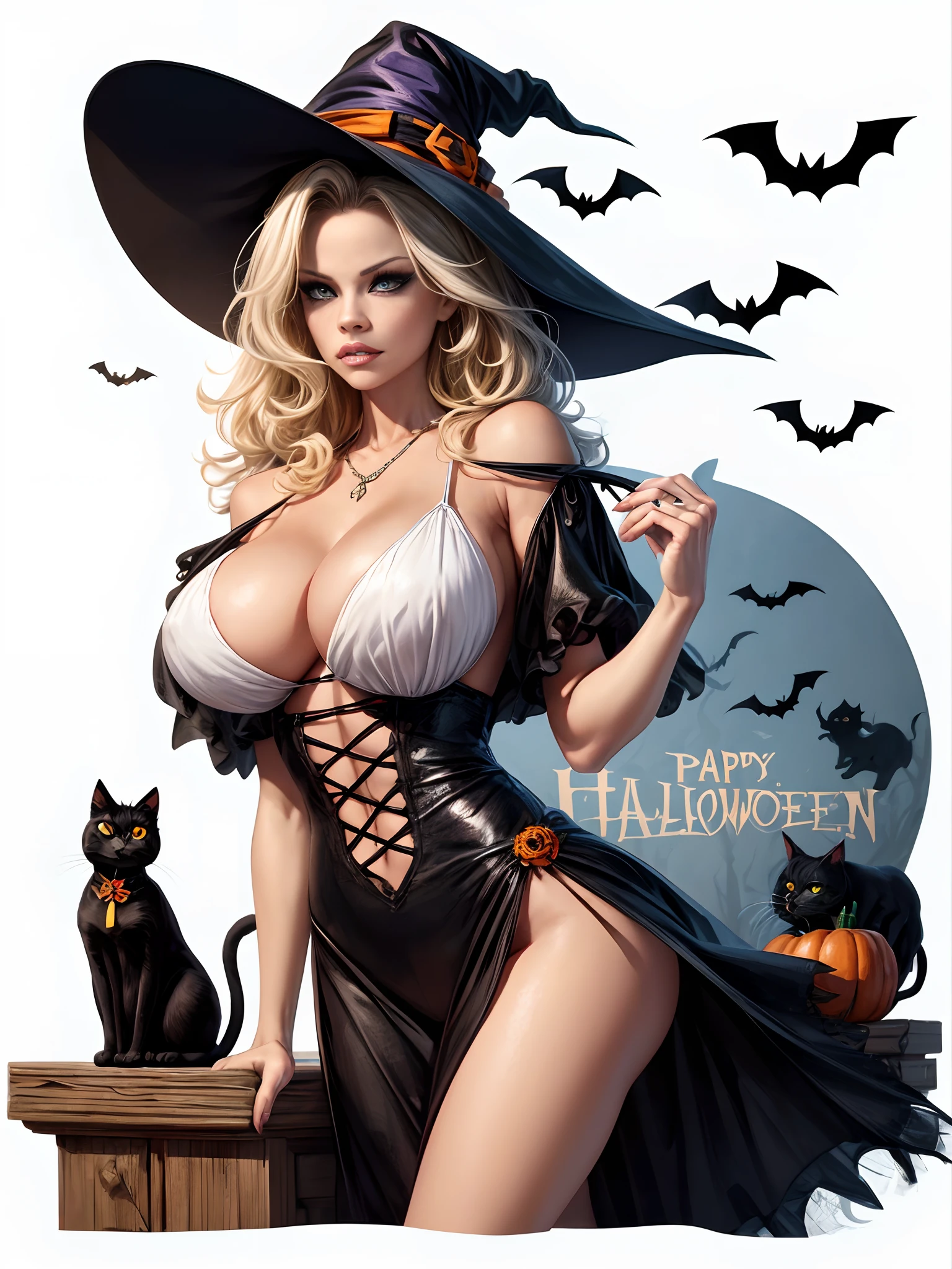 High quality design vector style image, t-shirt print style, graphic art white background of a Halloween style pamela anderson as witch, bright and realistic colors, old style witch with a pointy hat, nose with a wart and a black cat at her side, fantasy style scenery halloween