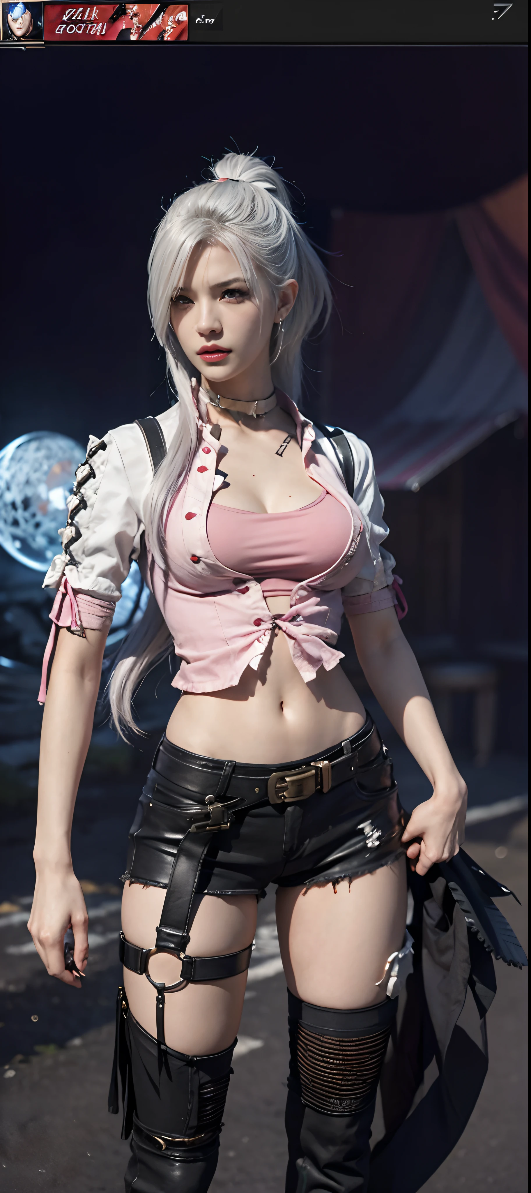 a close up of a person in a costume with a sword, as a character in tekken, female character, tifa lockhart with white hair, katana zero video game character, lunar themed attire, kda, slim body, cyborg - girl with silver hair, upper body avatar, (( medium breast;1.2)), fashion gameplay screenshot, fighting game character, new character, floralpunk elysian maiden, sigma female