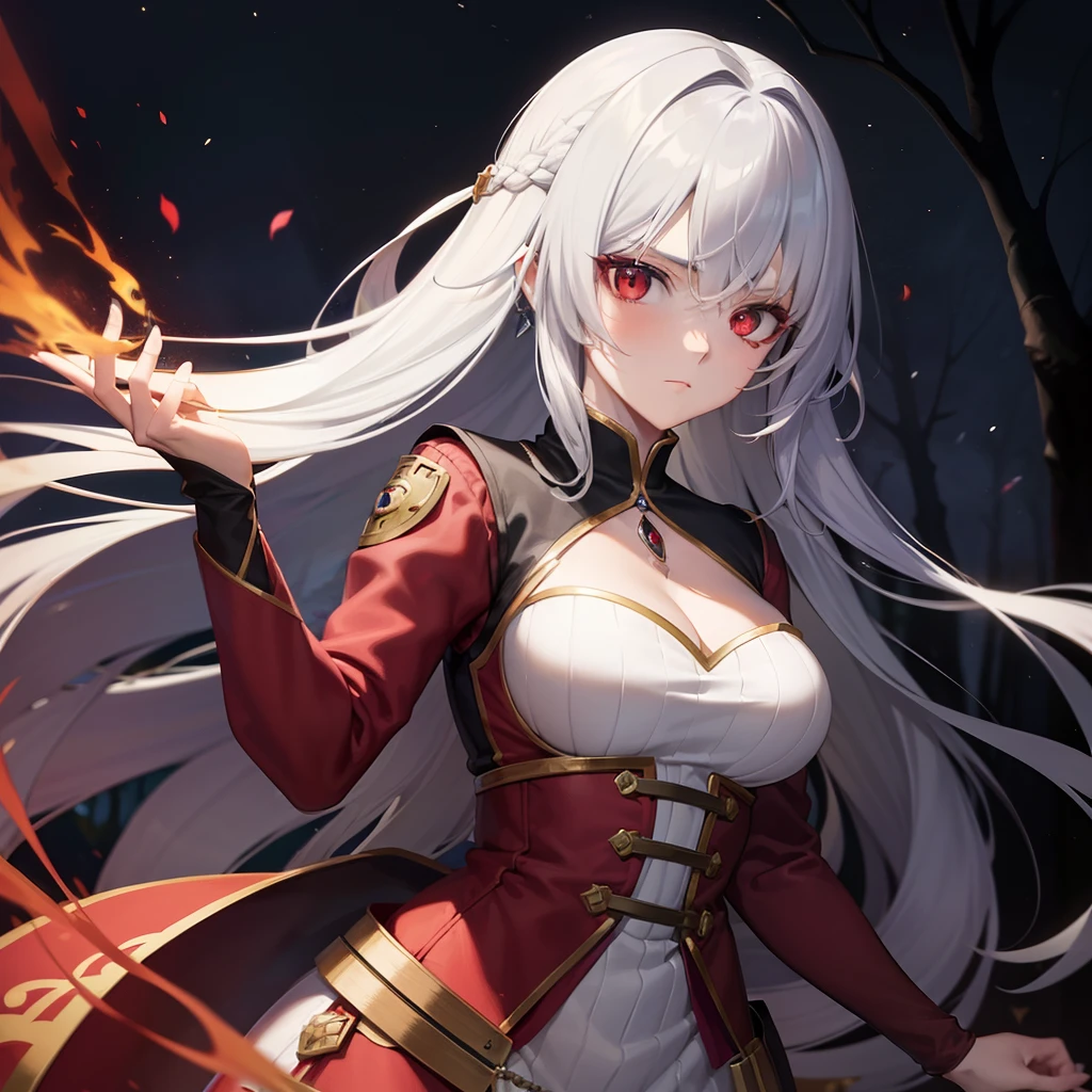 A pretty anime lady, wearing a medieval clothes, a lady with long silver hair and red eyes, is looking at you emotionlessly, is holding a sword in her left hand while making a fire magic in her right hand, in a night forest, close up.