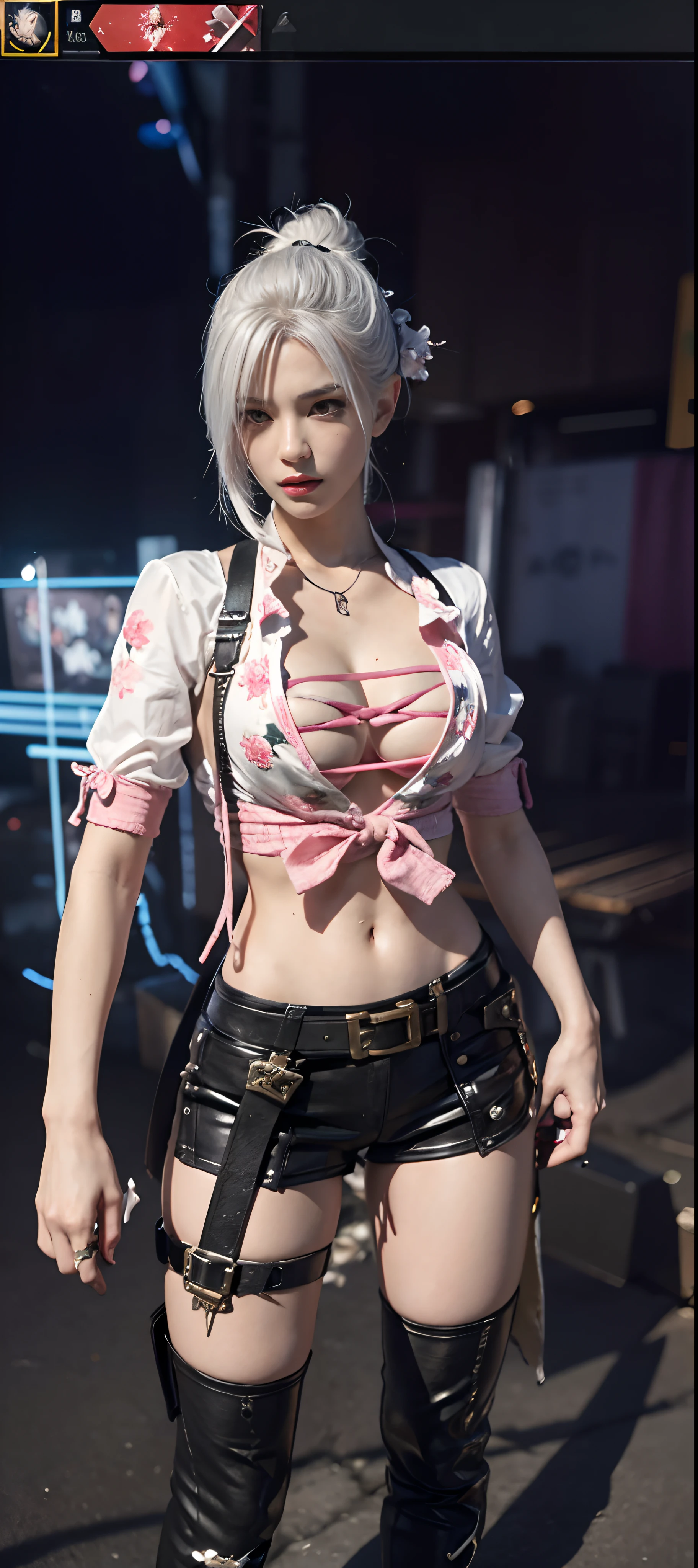 a close up of a person in a costume with a sword, as a character in tekken, female character, tifa lockhart with white hair, katana zero video game character, lunar themed attire, kda, slim body, cyborg - girl with silver hair, upper body avatar, (( medium breast;1.2)), fashion gameplay screenshot, fighting game character, new character, floralpunk elysian maiden, sigma female