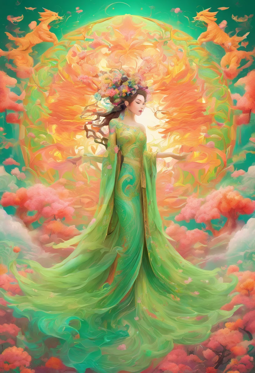 Chinese fairy in light green wedding dress, Light green tulle cape, Golden Phoenix, the nine tailed fox spirit, The Nine Tails unfolded behind like a circle of smoke in the air, peach blossom, Clouds, High quality, symetrical composition, high resolution # Intricate details # unreal (Relaxed) 8K,HD8K