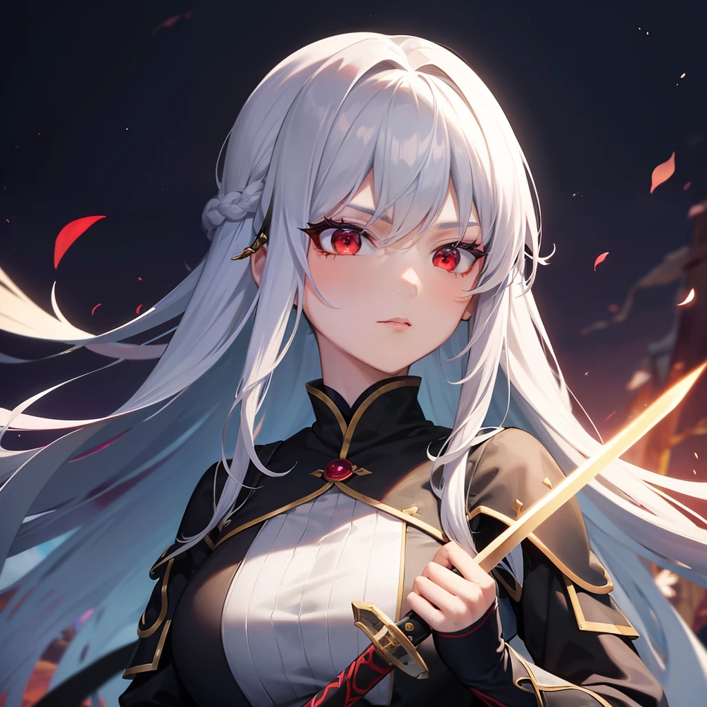 A pretty anime lady, wearing a medieval clothes, a lady with long silver hair and red eyes, is looking at you emotionlessly, is holding a sword in her left hand while making a fire magic in her right hand, in a night forest, close up.